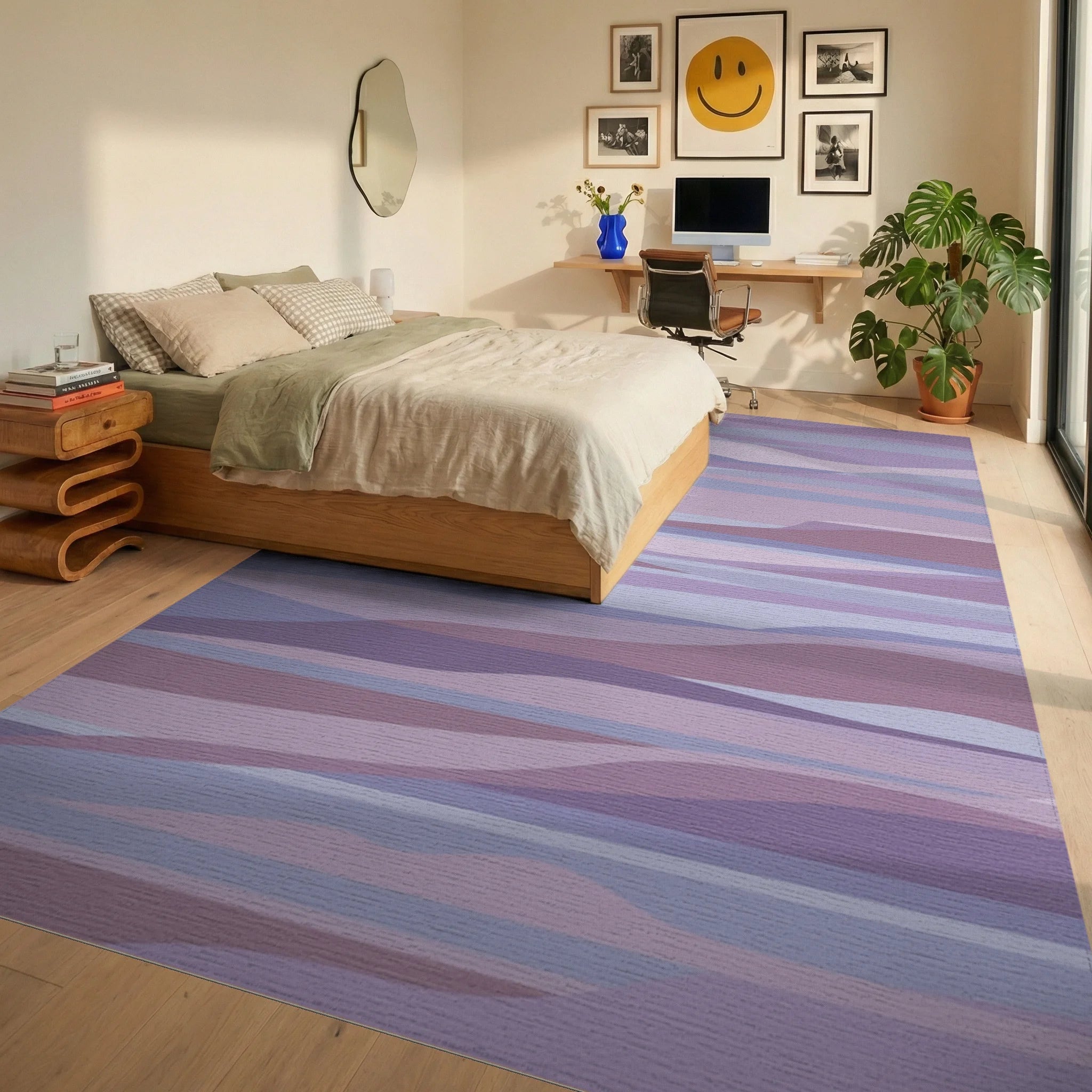 Lavender Hues Wavy Stripe Art Rug Bedroom View