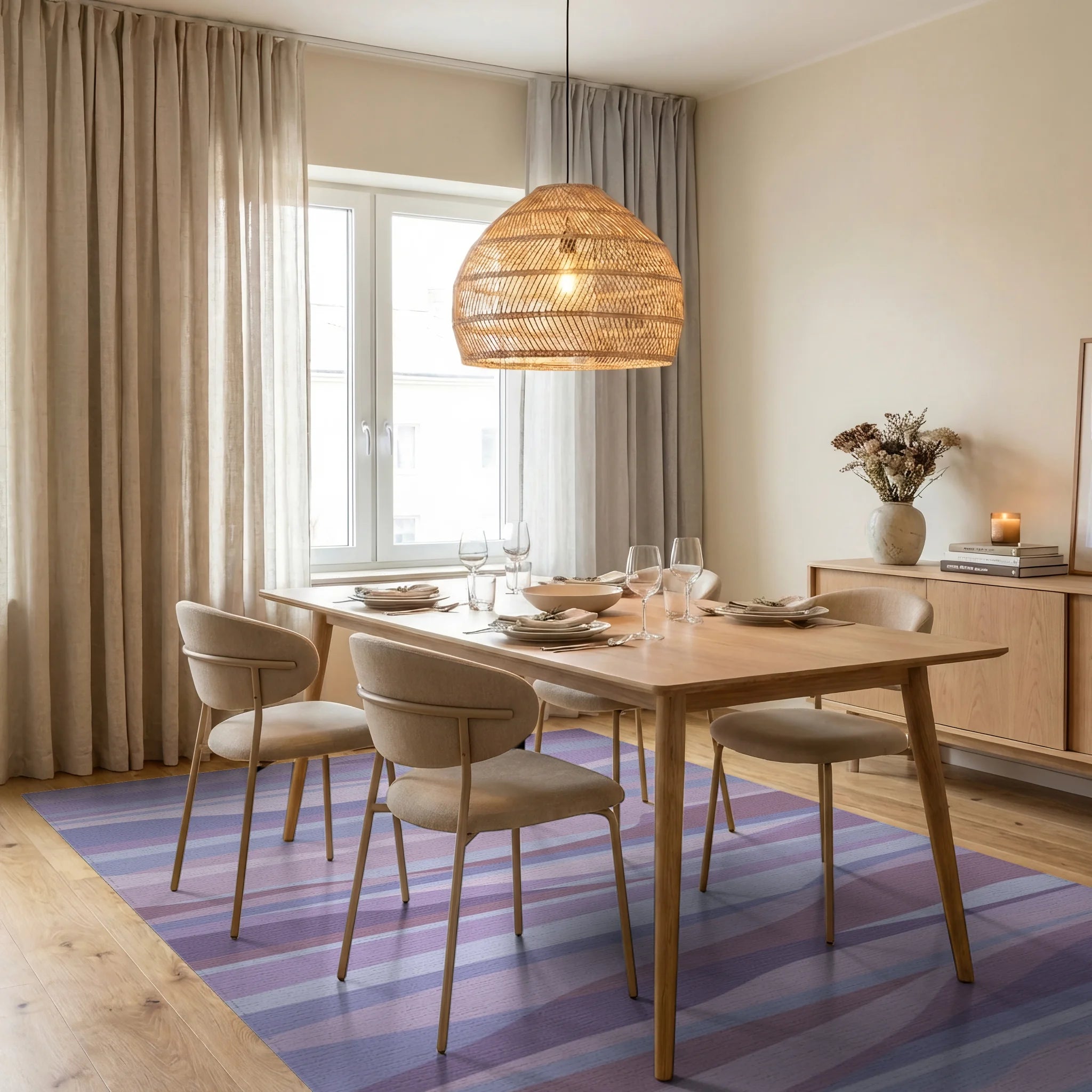 Lavender Hues Wavy Stripe Art Rug Dining Room View