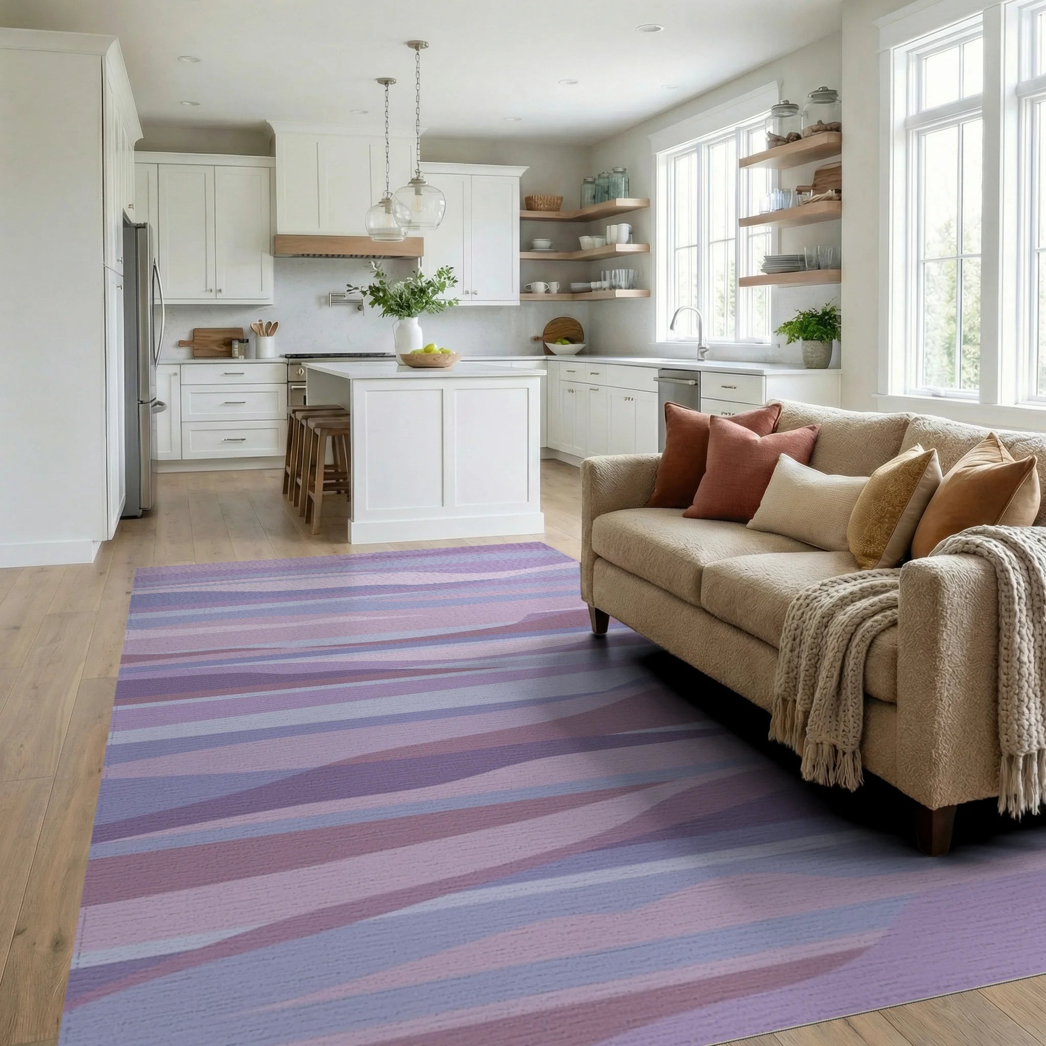 Lavender Hues Wavy Stripe Art Rug Living Room View