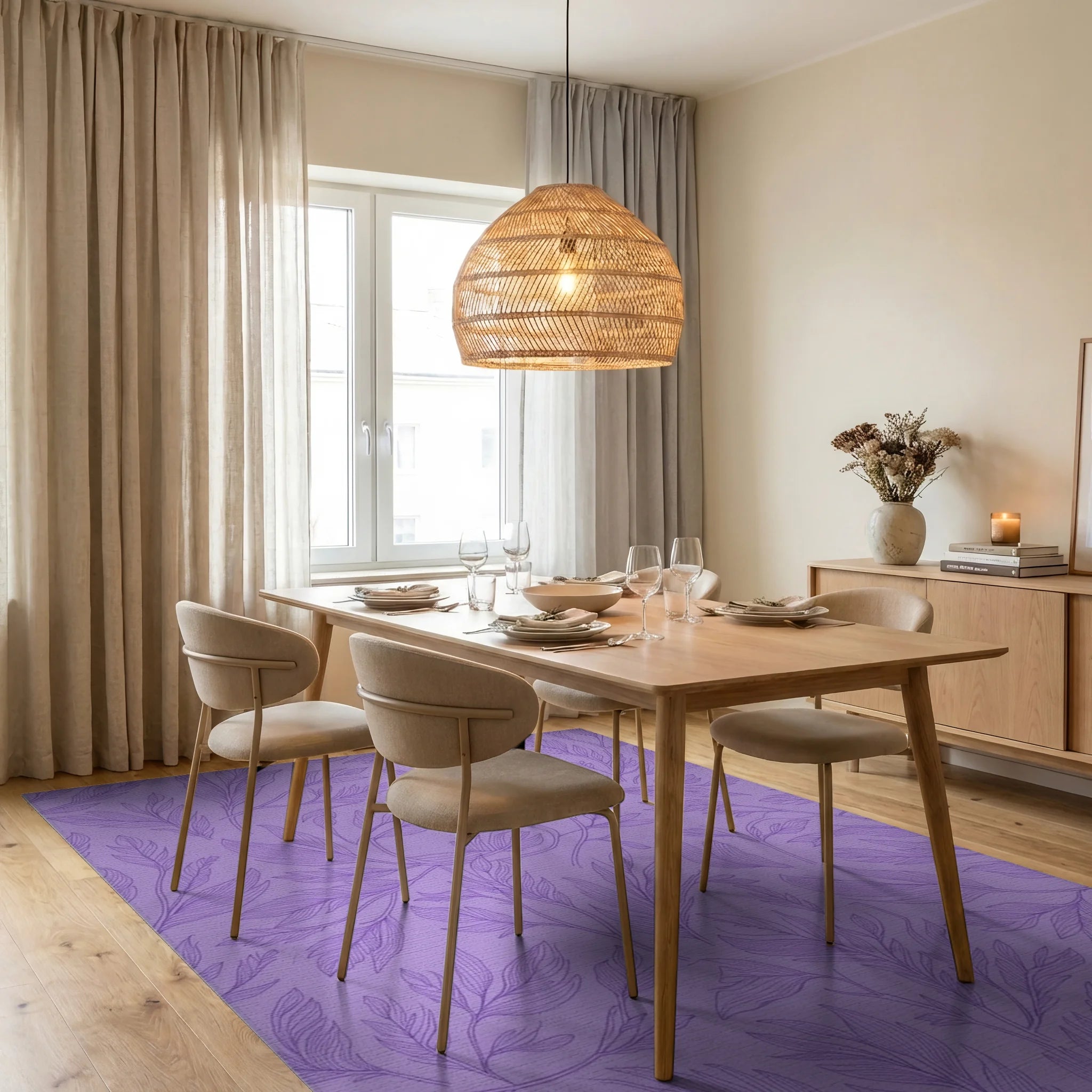 Lavender Purple Botanical Vine Rug Dining Room View