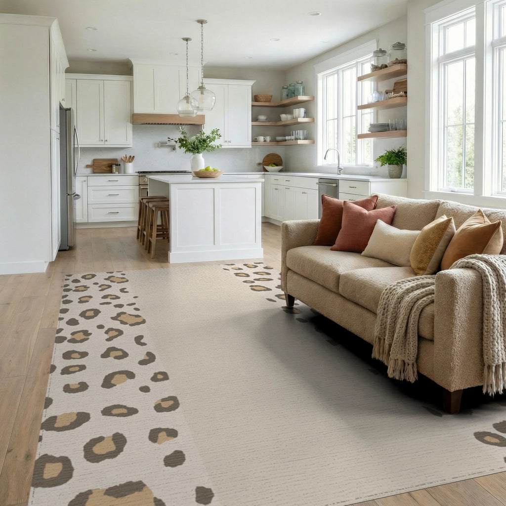 Leopard Spots Cream Neutral Texture Rug - Living Room View