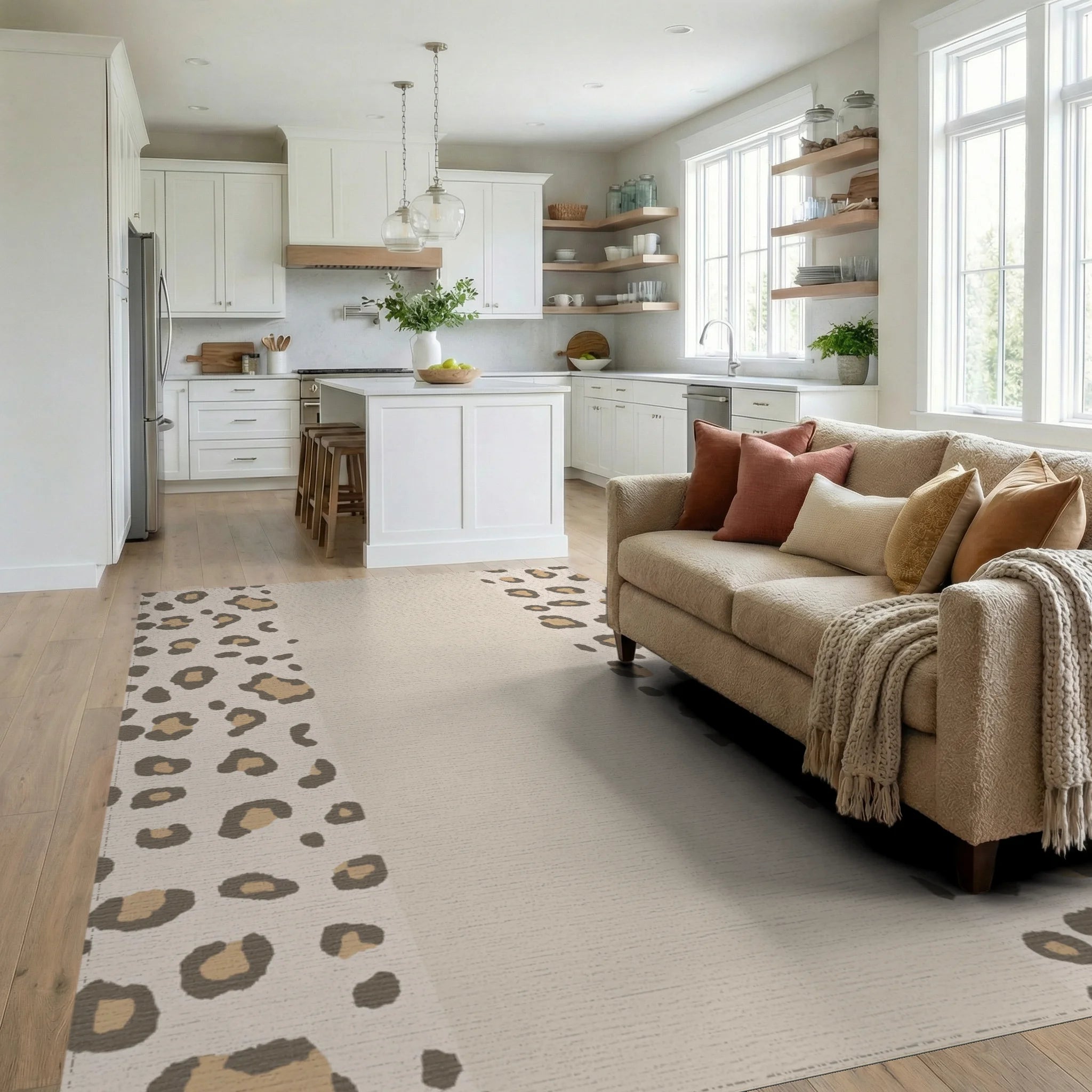Leopard Spots Cream Neutral Texture Rug - Living Room View