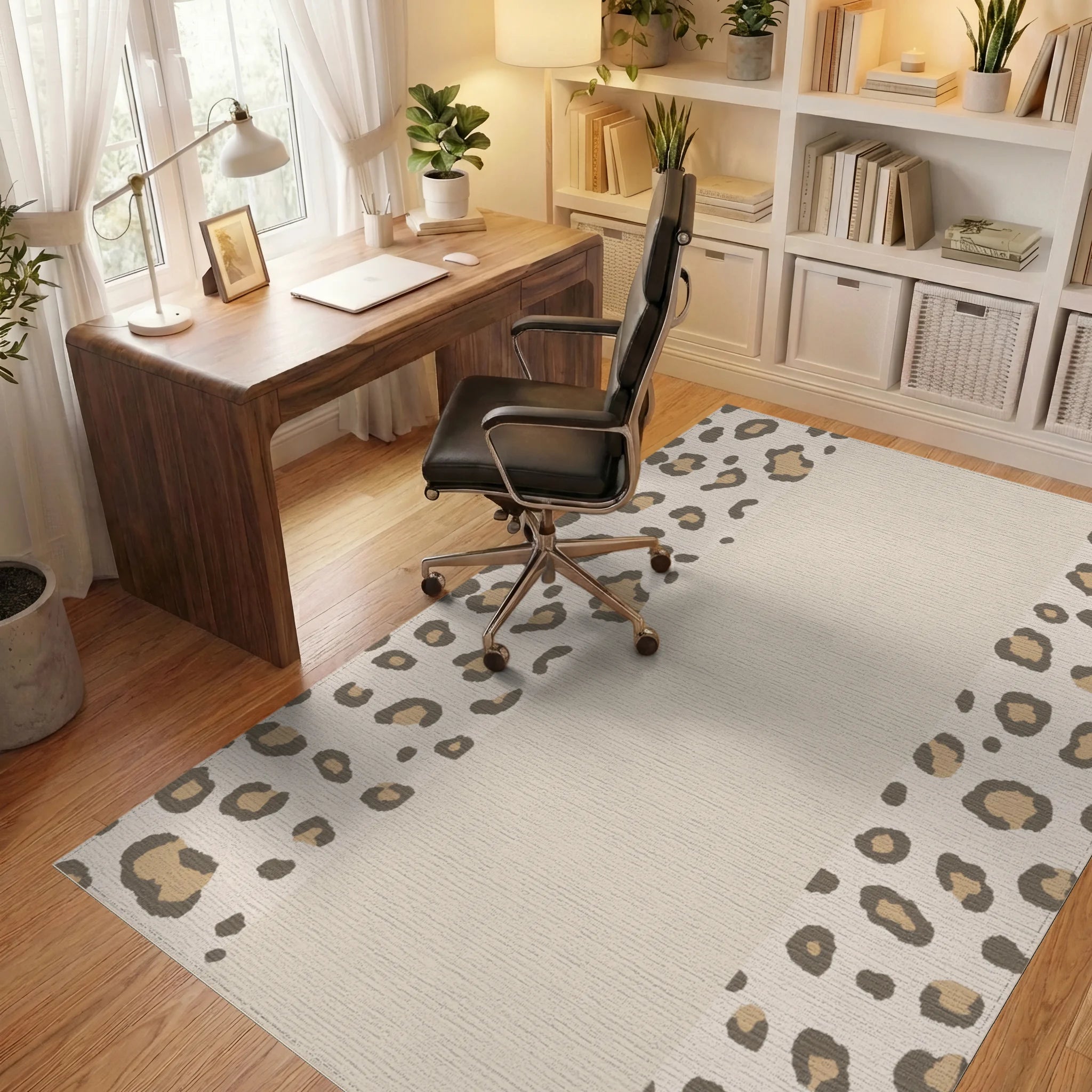 Leopard Spots Cream Neutral Texture Rug - Office View