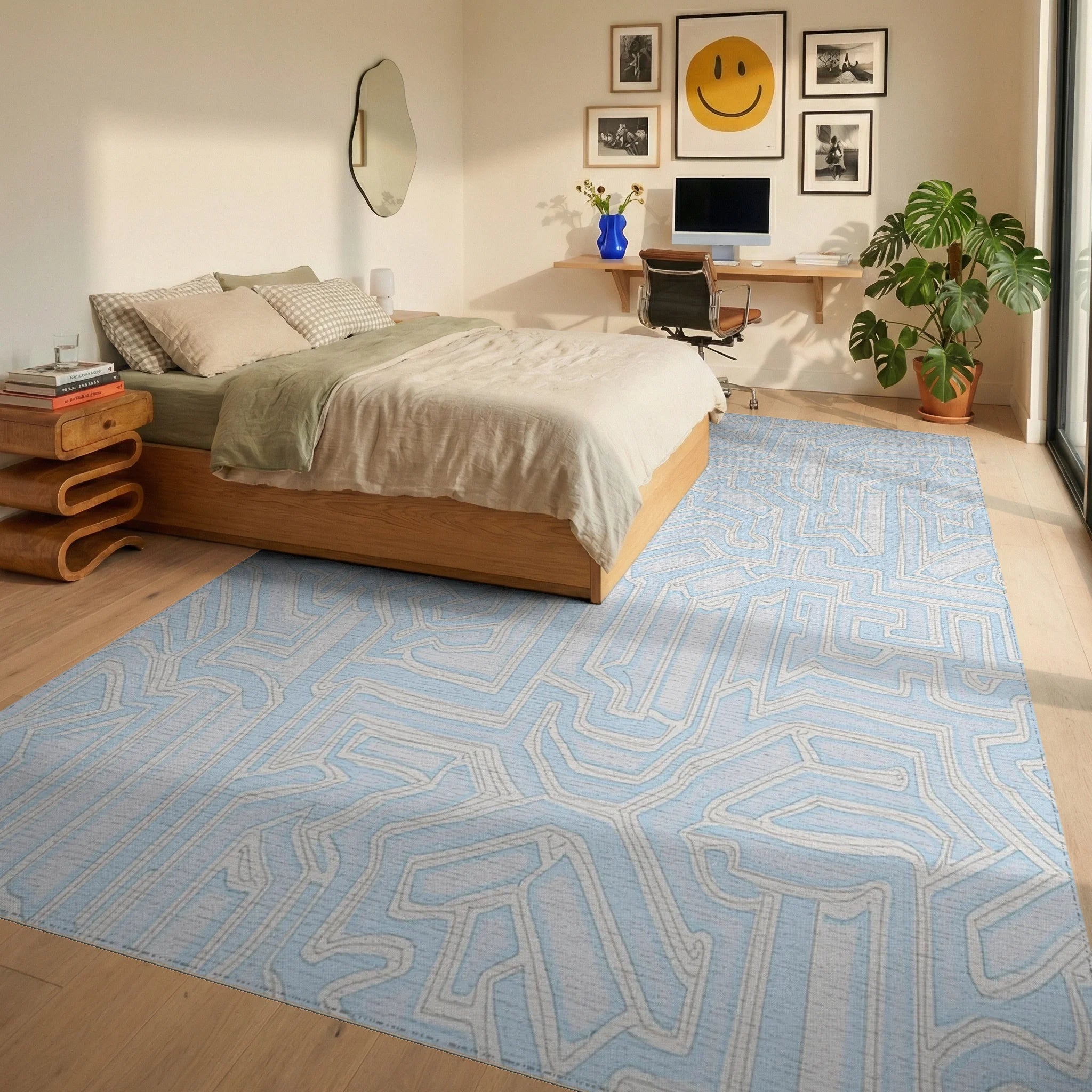 Light Blue Abstract Maze Pattern Rug Bedroom View