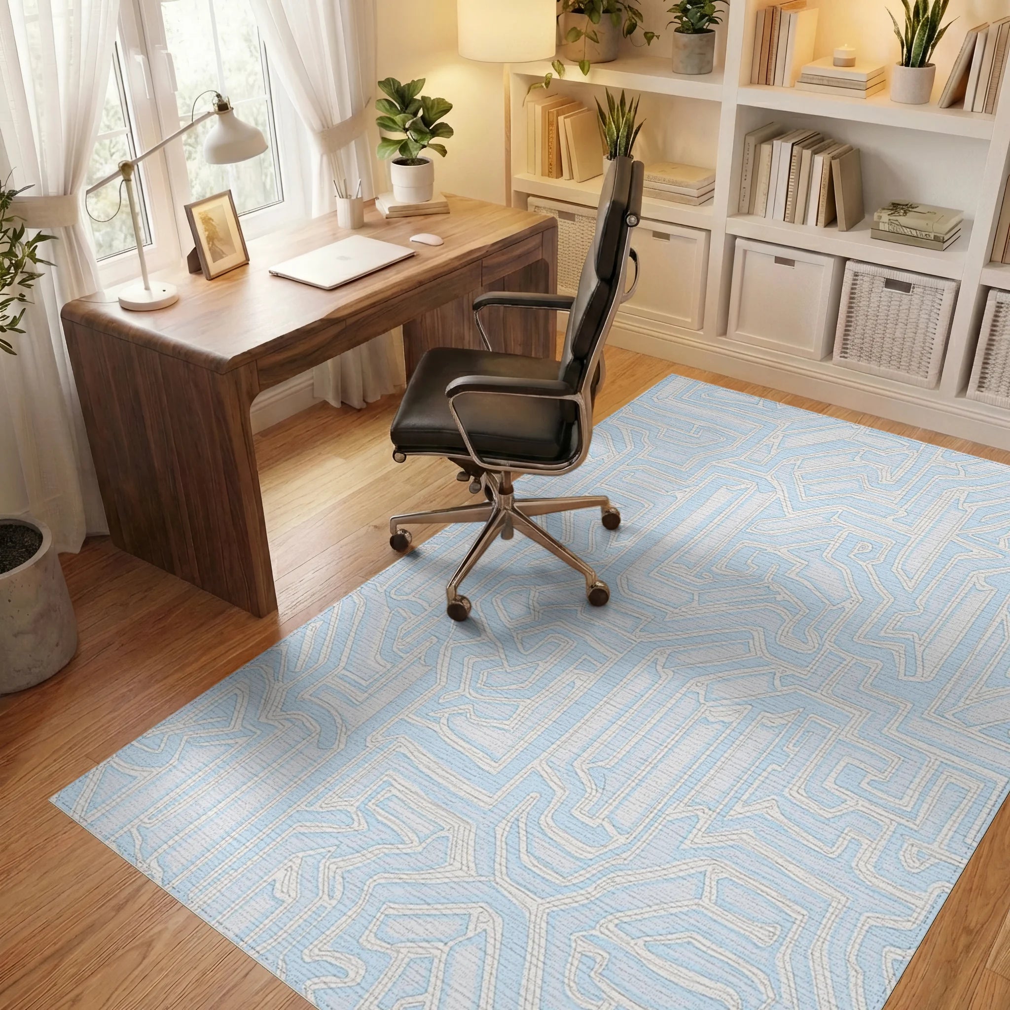 Light Blue Abstract Maze Pattern Rug Office View