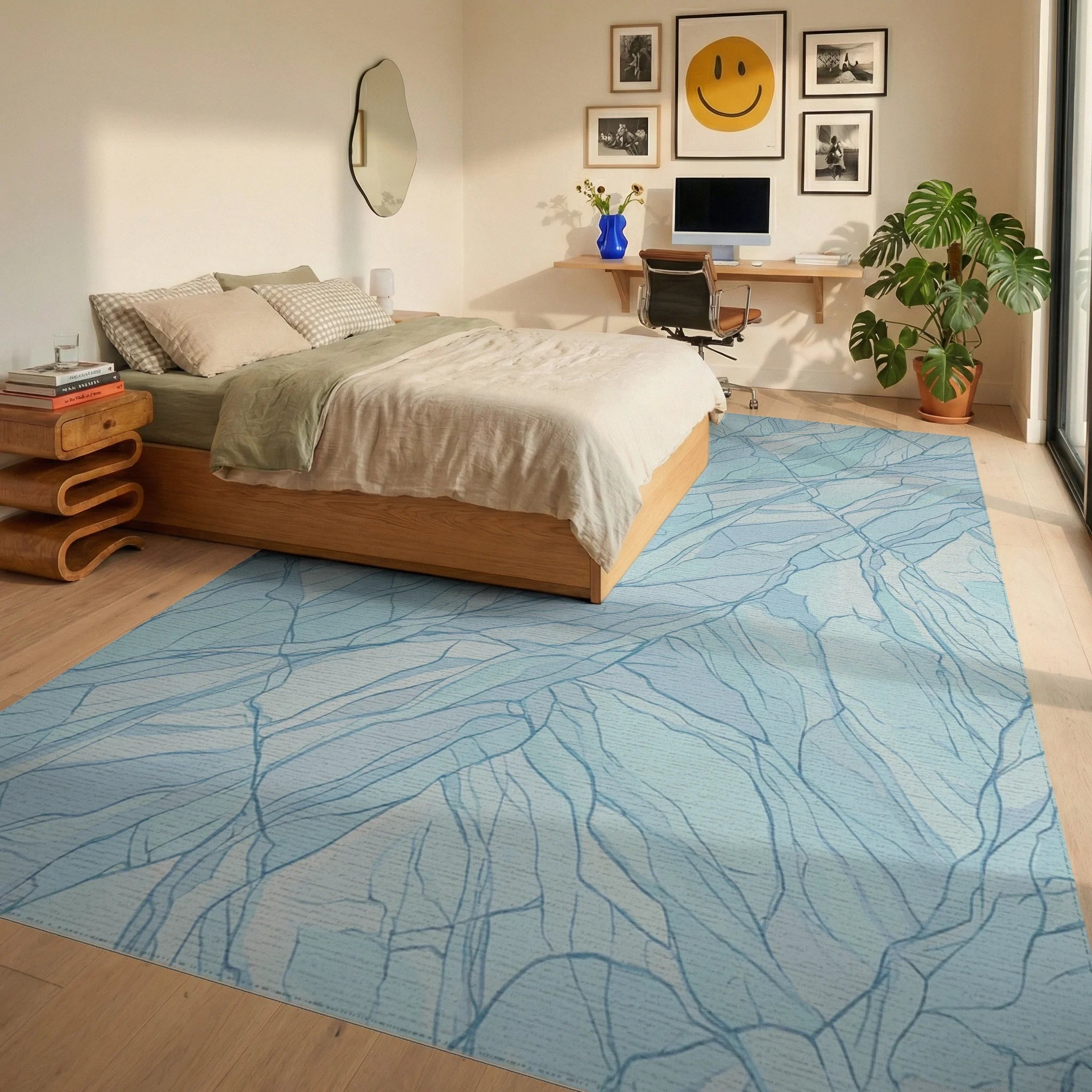 Light Blue Cracked Ice Texture Rug Bedroom View