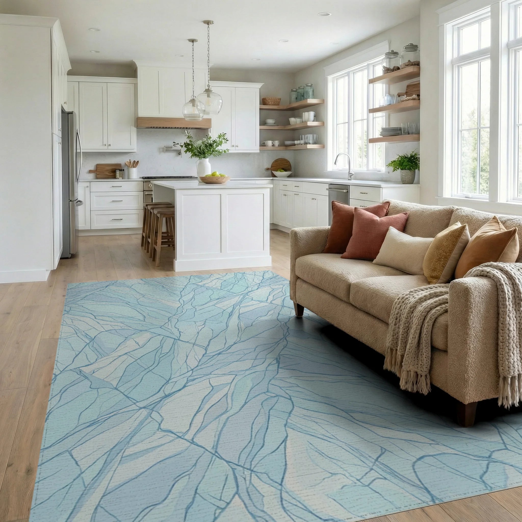 Light Blue Cracked Ice Texture Rug Living Room View