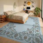 Light Blue Floral Garden Medallion Rug Bedroom View