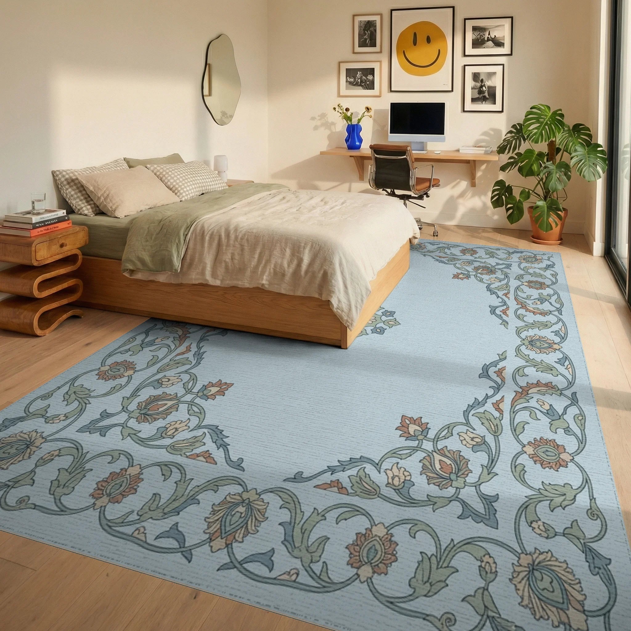 Light Blue Floral Garden Medallion Rug Bedroom View