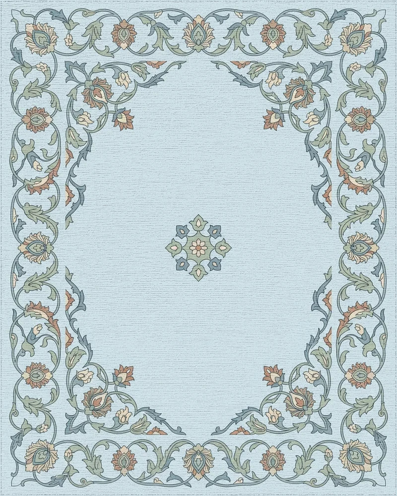 Light Blue Floral Garden Medallion Rug - Cutout View