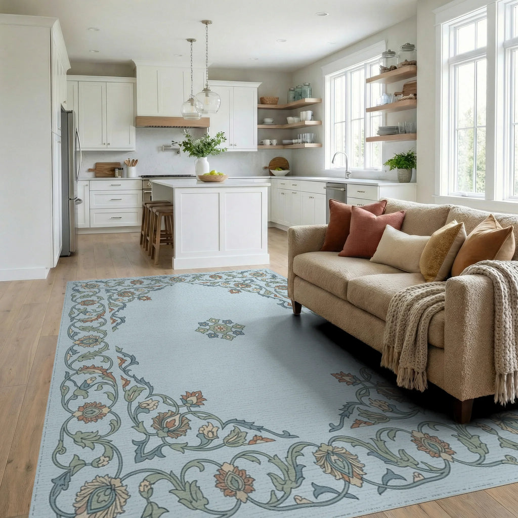 Light Blue Floral Garden Medallion Rug Living Room View