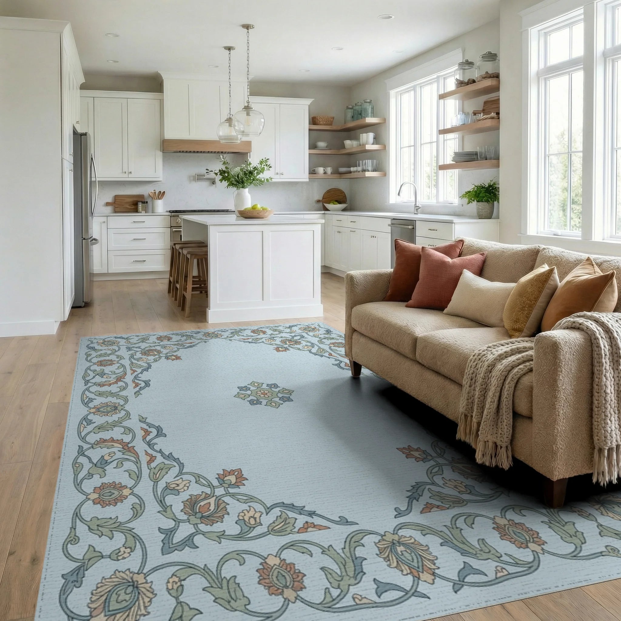 Light Blue Floral Garden Medallion Rug Living Room View