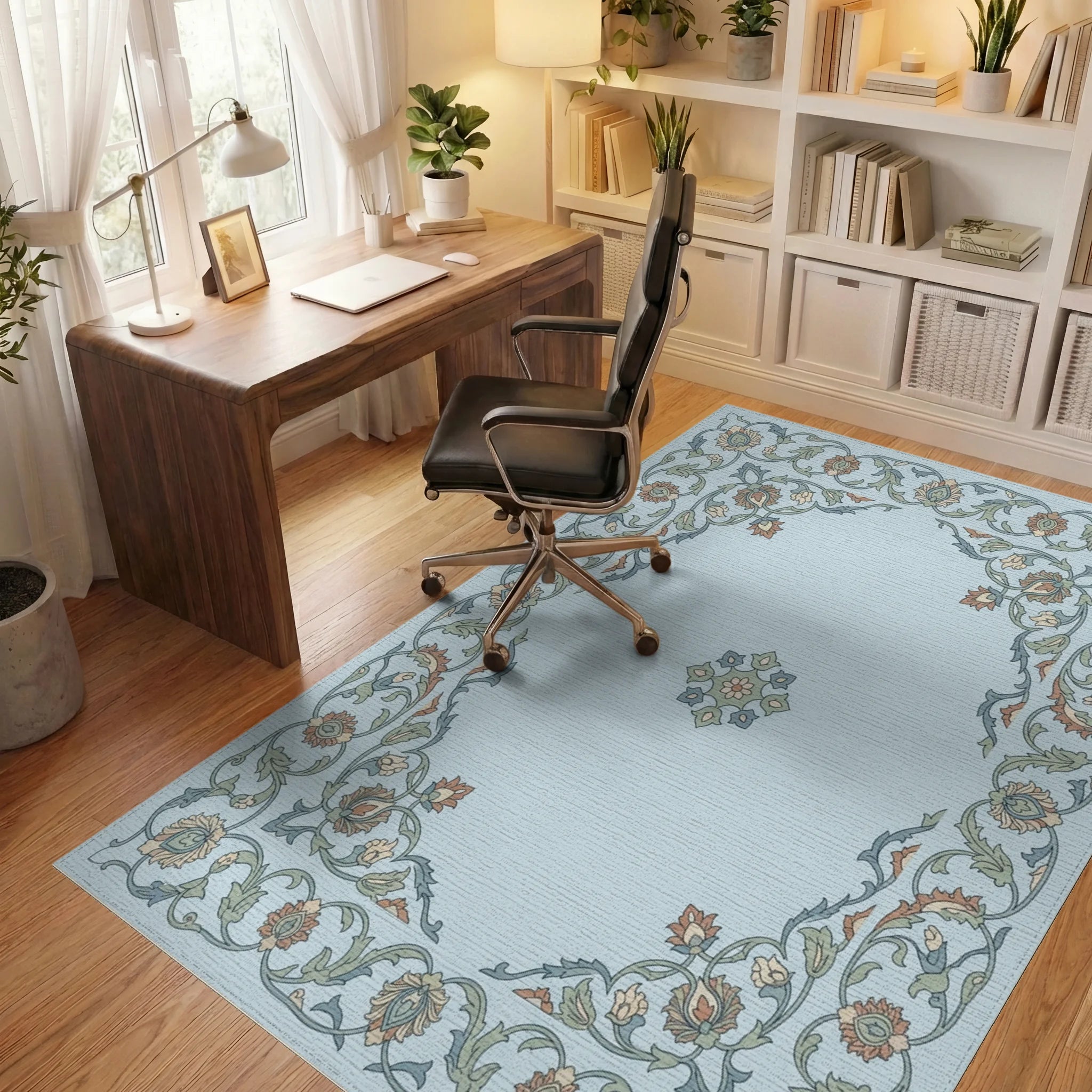 Light Blue Floral Garden Medallion Rug Office View