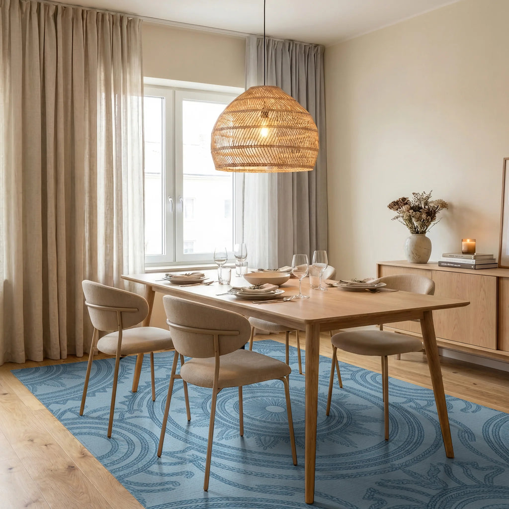Light Blue Intricate Medallion Circular Rug Dining Room View