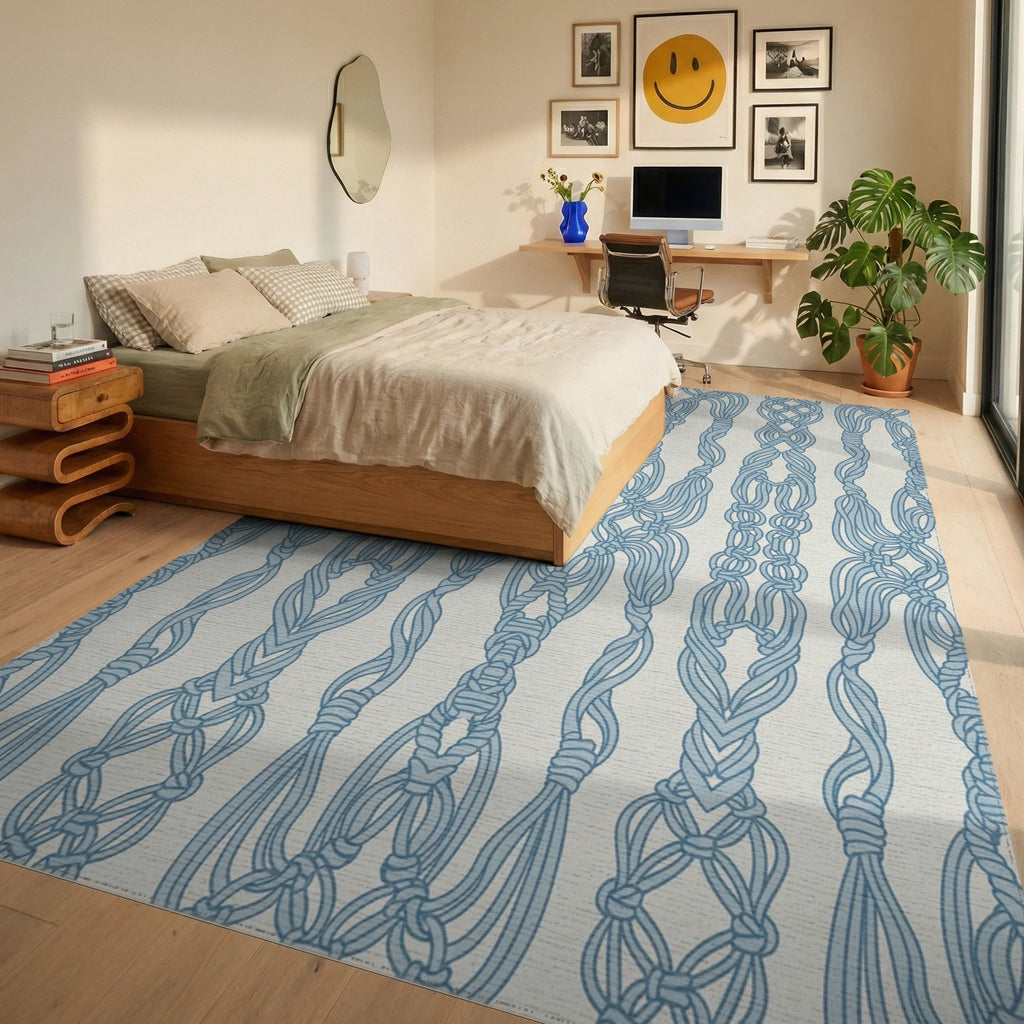 Light Blue Macrame Rope Vertical Rug Bedroom View