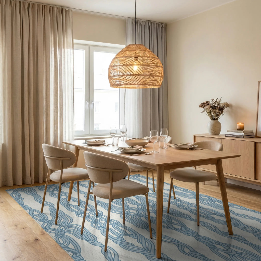 Light Blue Macrame Rope Vertical Rug Dining Room View