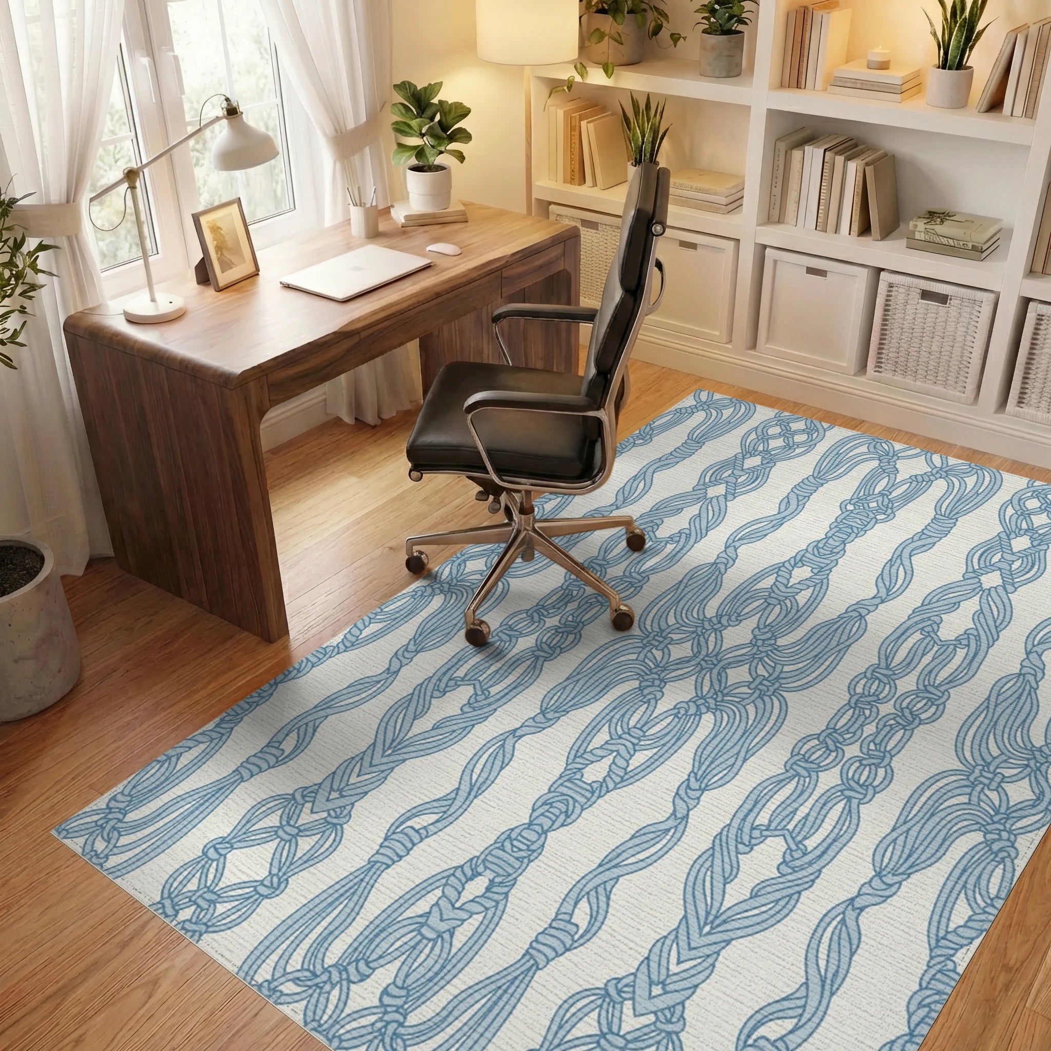 Light Blue Macrame Rope Vertical Rug Office View