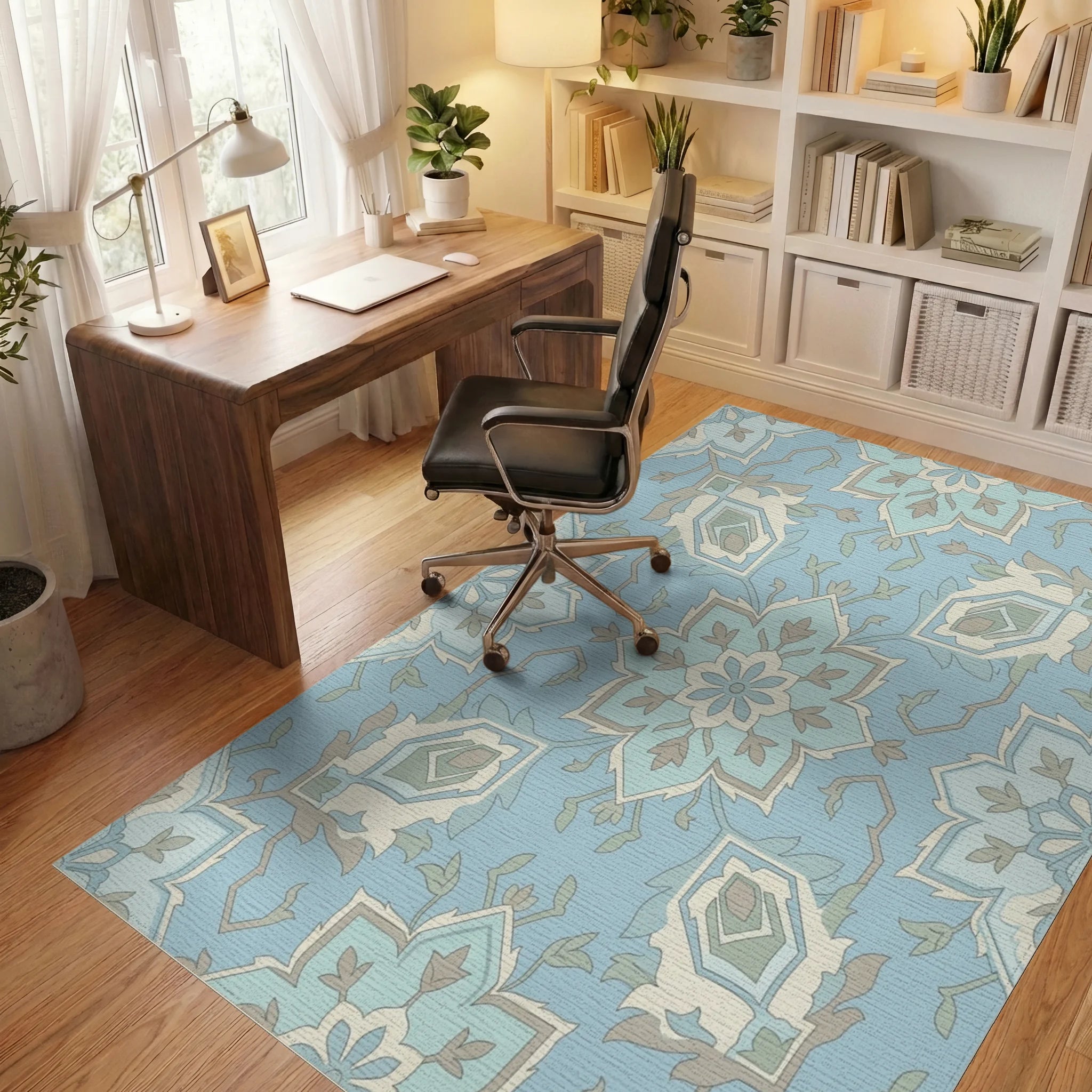 Light Blue Medallion Floral Arabesque Rug Office View