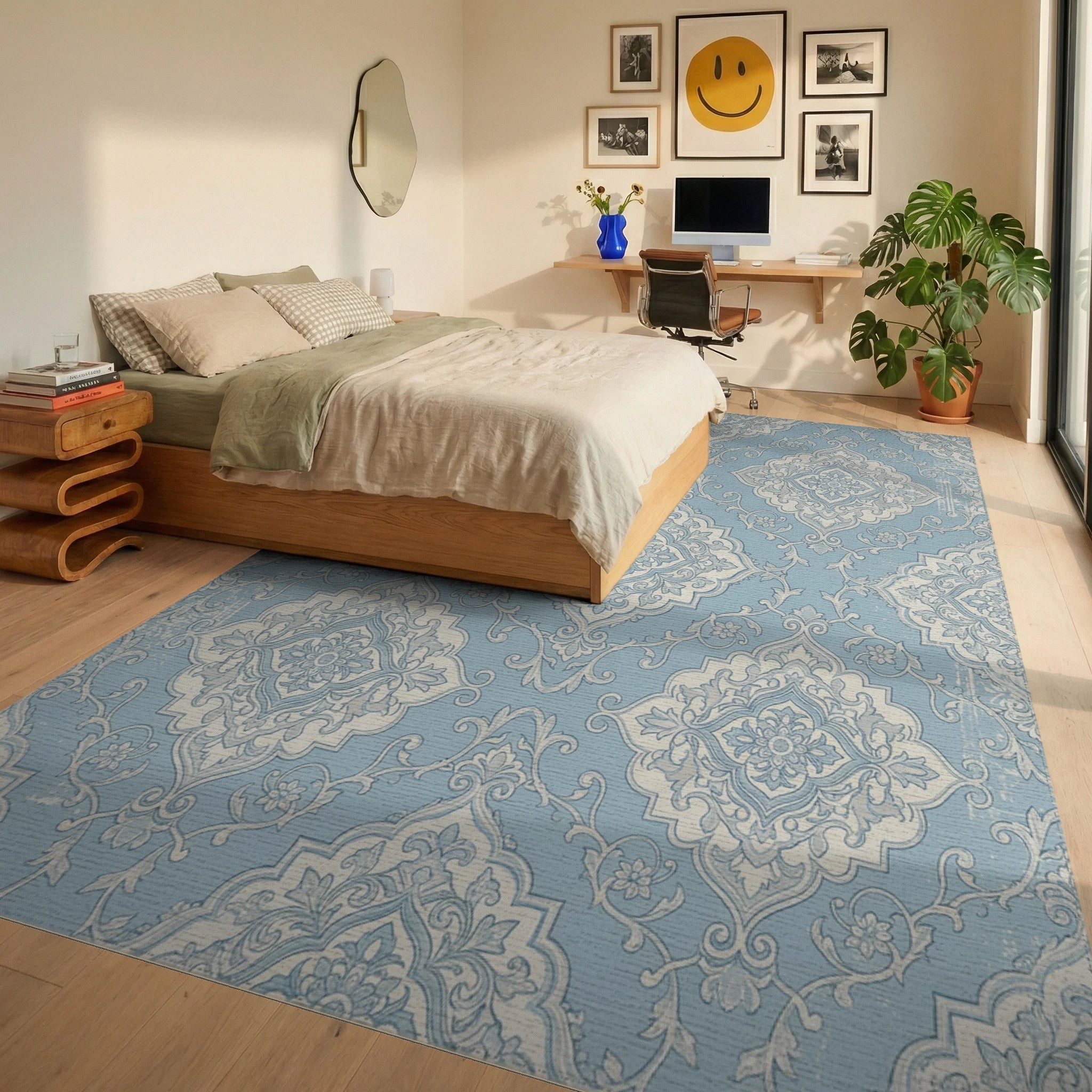 Light Blue Vintage Damask Medallion Rug Bedroom View
