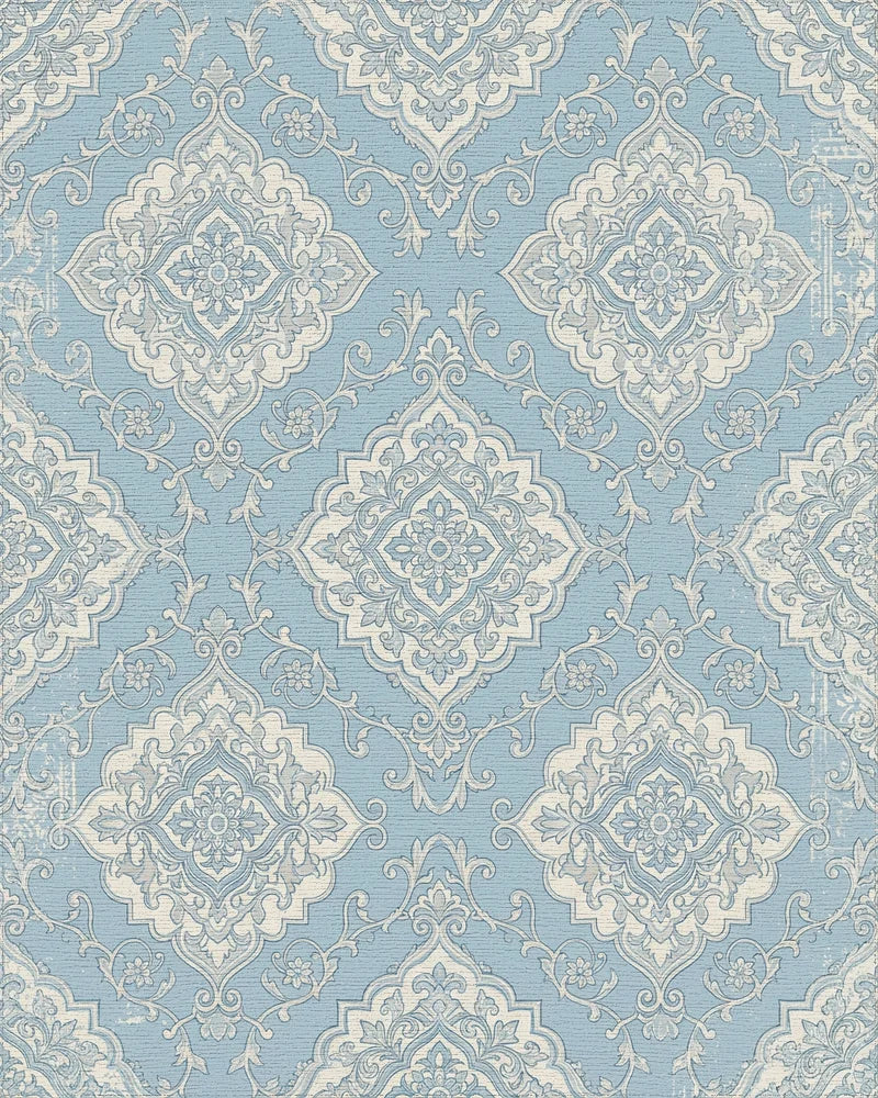 Light Blue Vintage Damask Medallion Rug - Cutout View