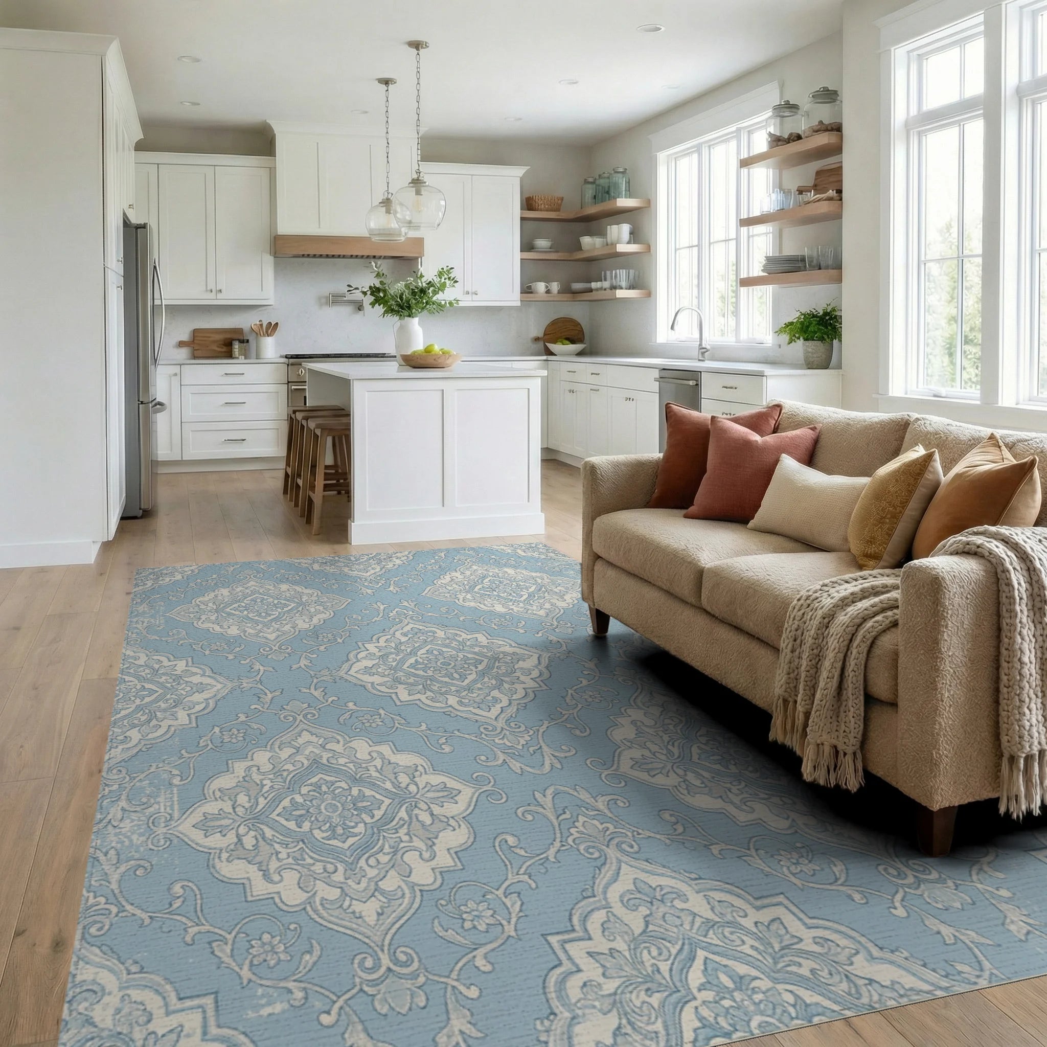 Light Blue Vintage Damask Medallion Rug Living Room View