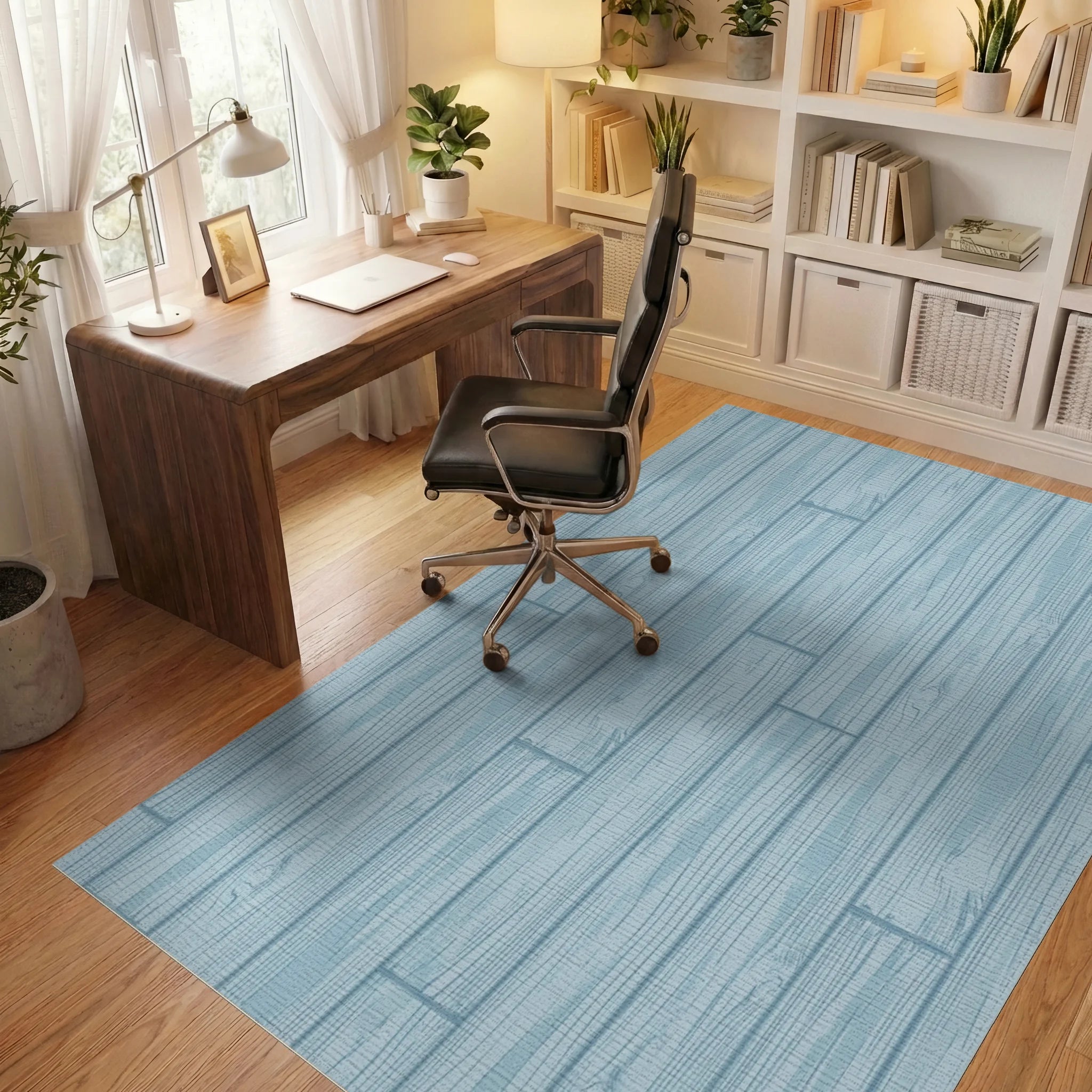 Light Blue Wood Grain Plank Rug Office View