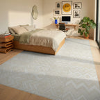 Light Cream Patchwork Geometric Rug Bedroom View