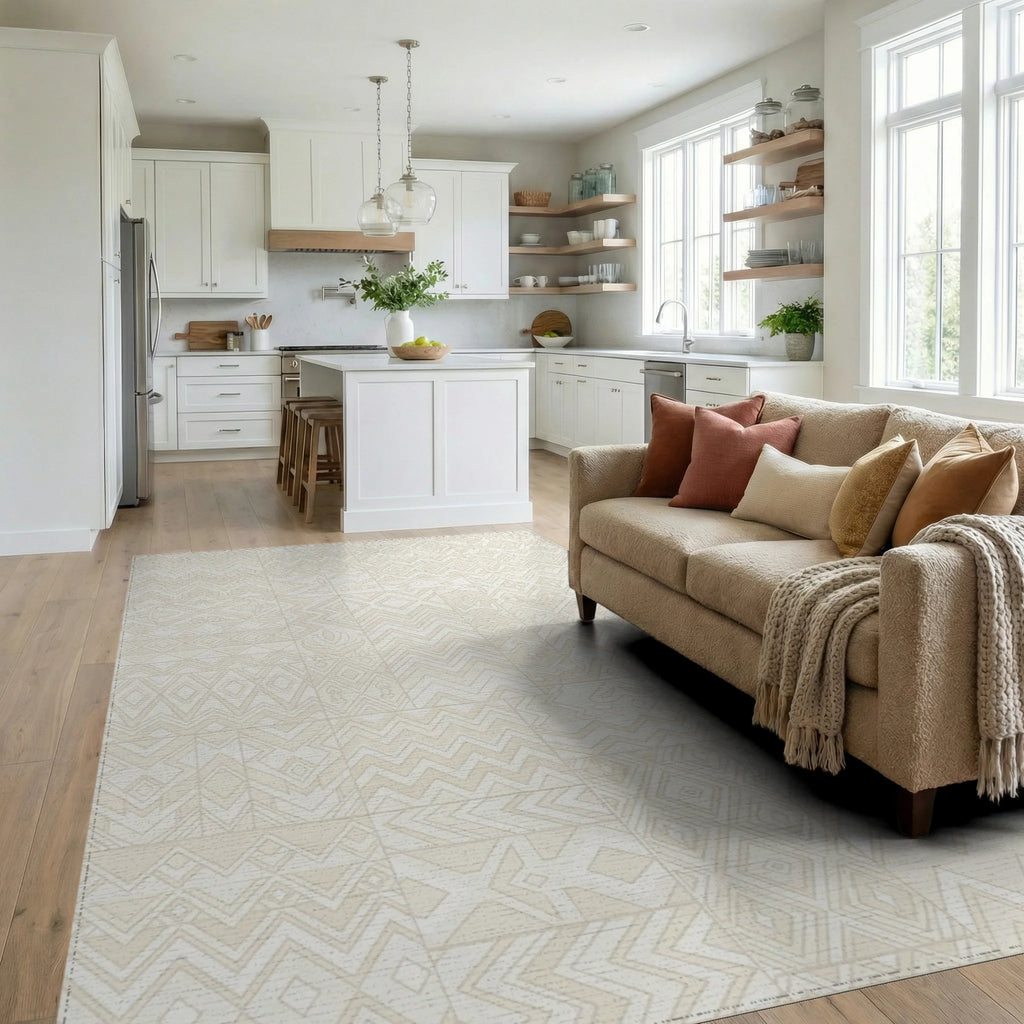Light Cream Patchwork Geometric Rug Living Room View