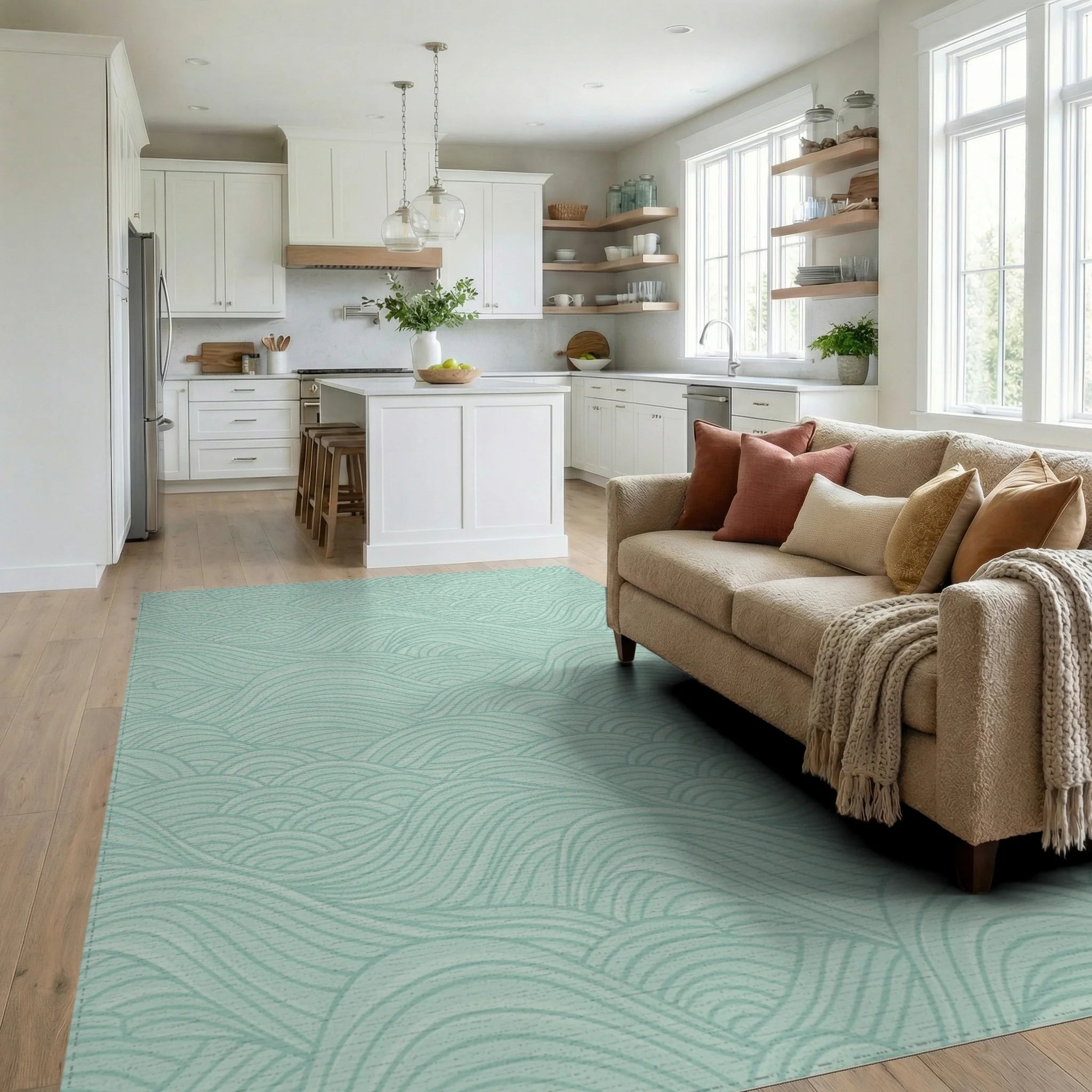 Light Teal Wavy Landscape Art Rug Living Room View