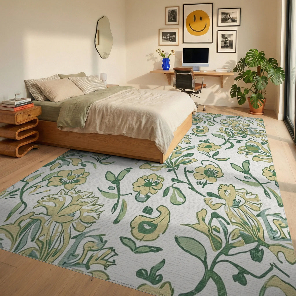 Light Yellow Green Floral Vine Rug - Bedroom View