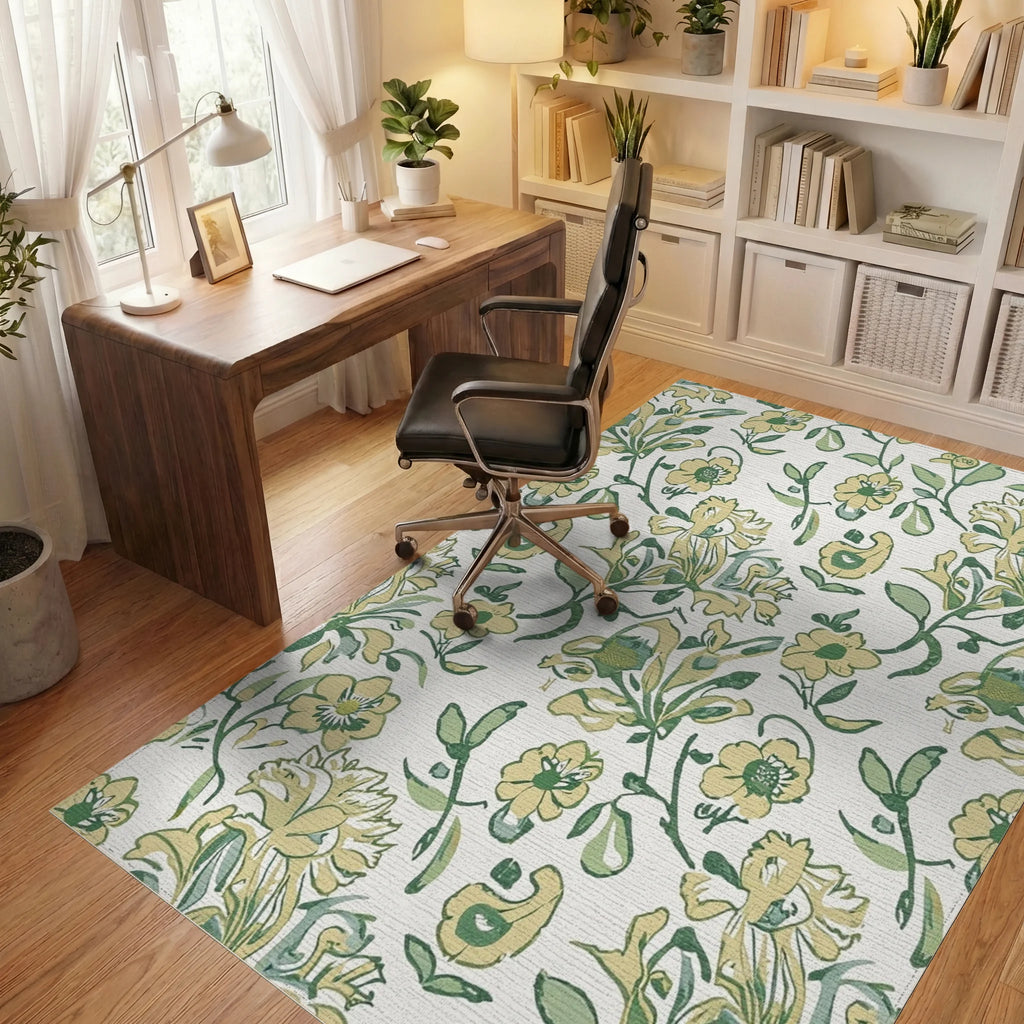 Light Yellow Green Floral Vine Rug - Office View