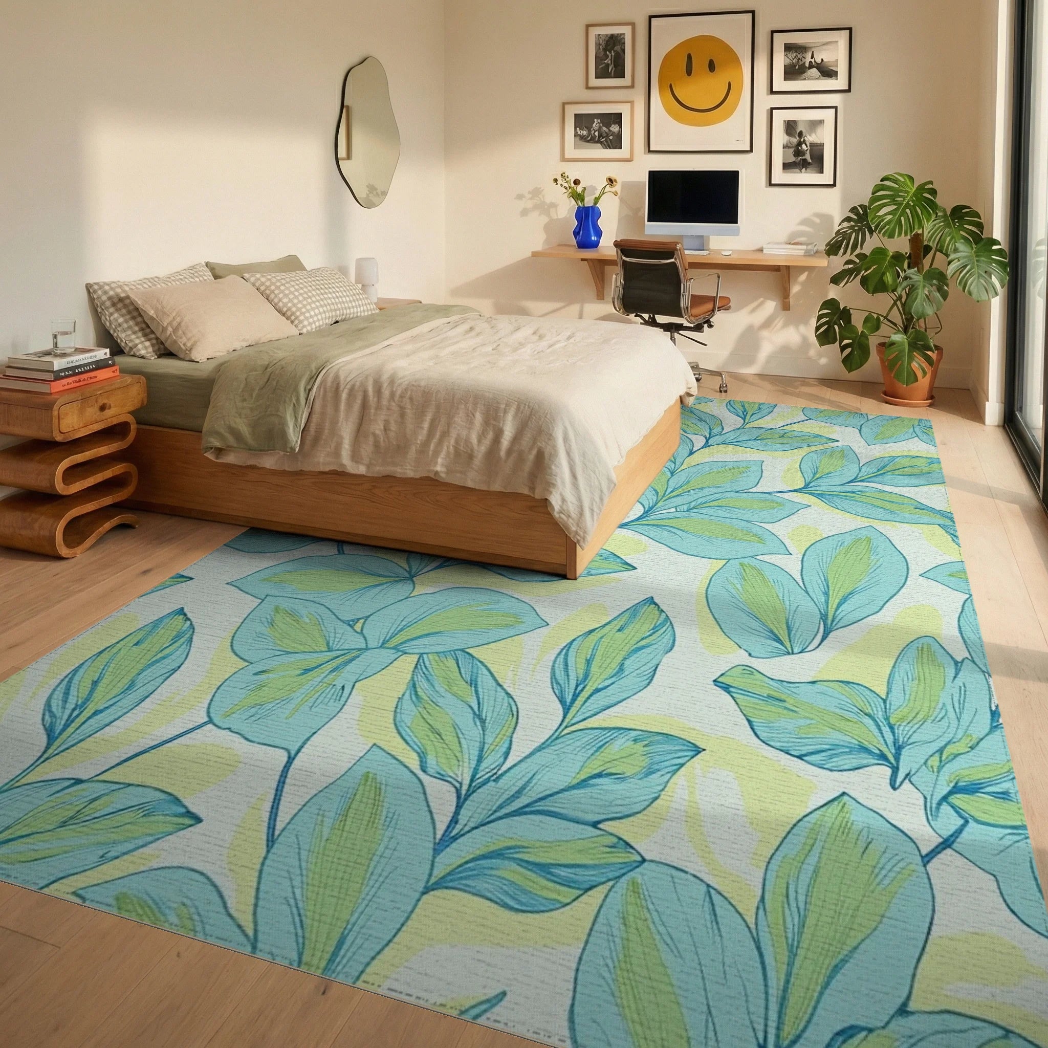 Lightweight Aqua Tropical Leaf Pattern Rug Bedroom View