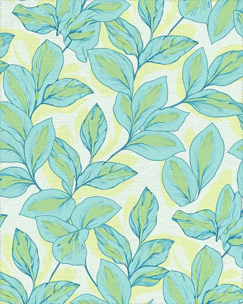 Lightweight Aqua Tropical Leaf Pattern Rug - Cutout View