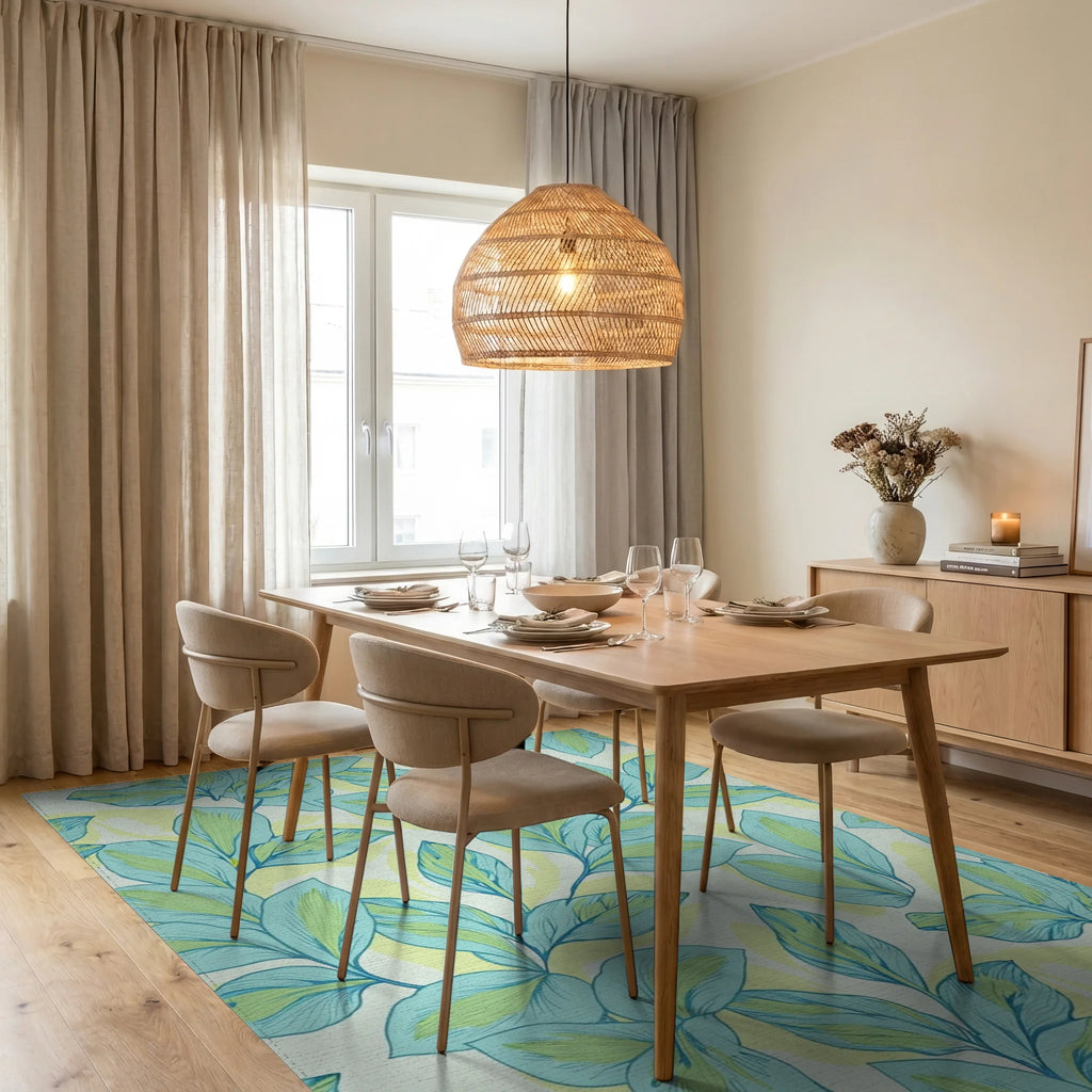 Lightweight Aqua Tropical Leaf Pattern Rug Dining Room View