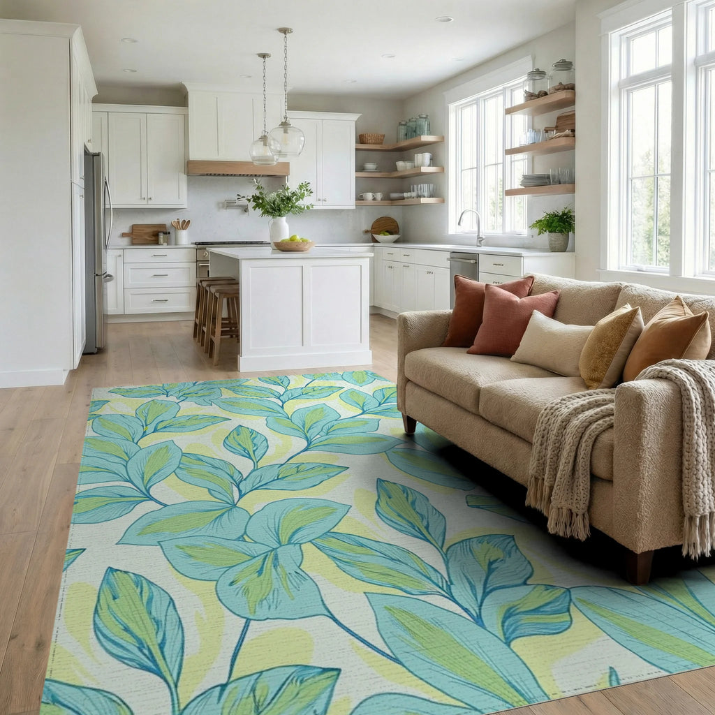 Lightweight Aqua Tropical Leaf Pattern Rug Living Room View