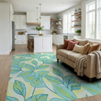 Lightweight Aqua Tropical Leaf Pattern Rug Living Room View