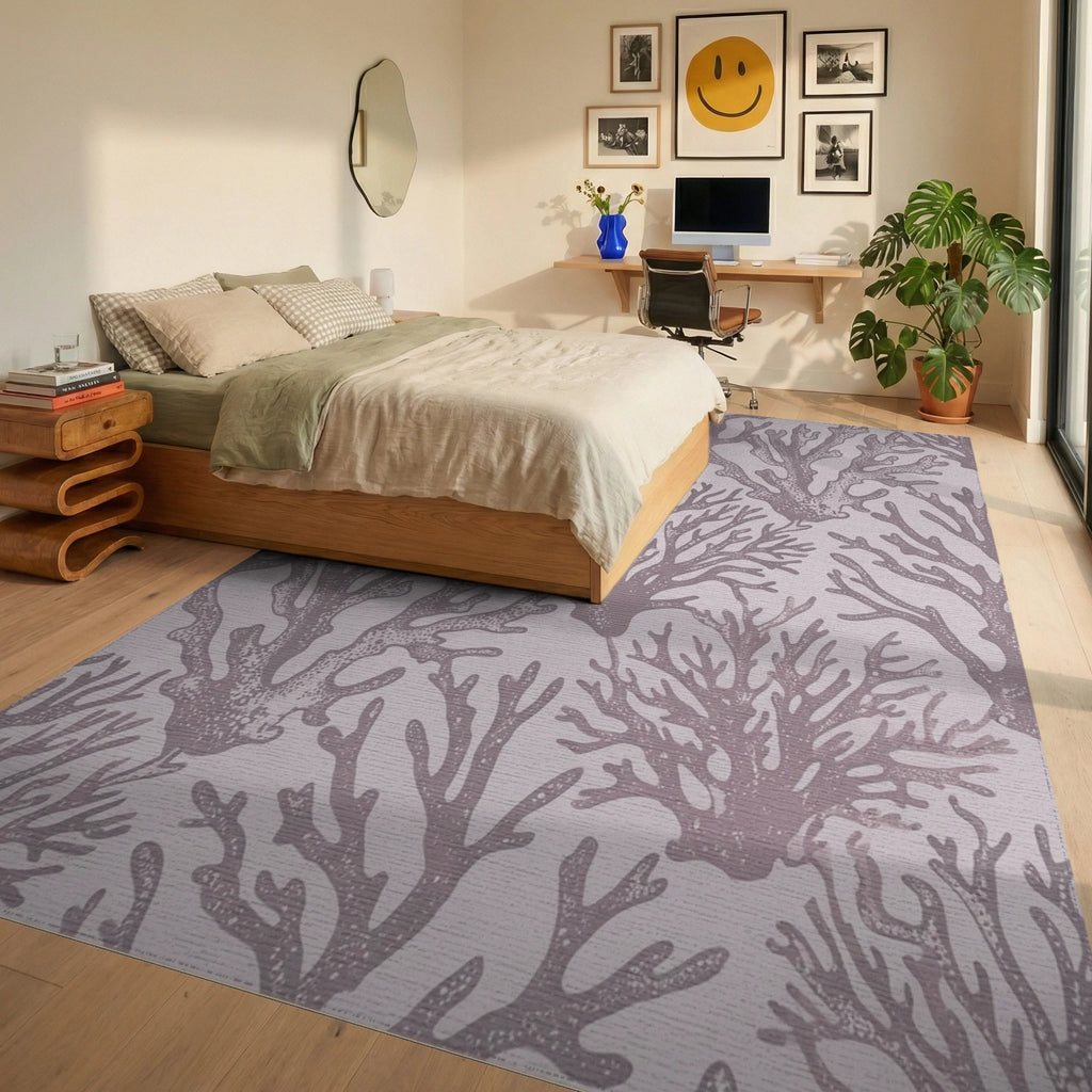 Lilac Coral Botanical Texture Rug Bedroom View