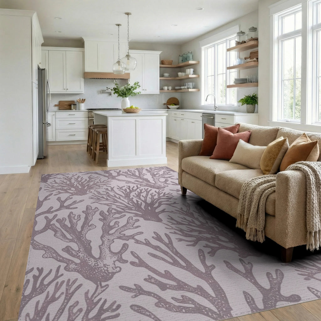 Lilac Coral Botanical Texture Rug Living Room View