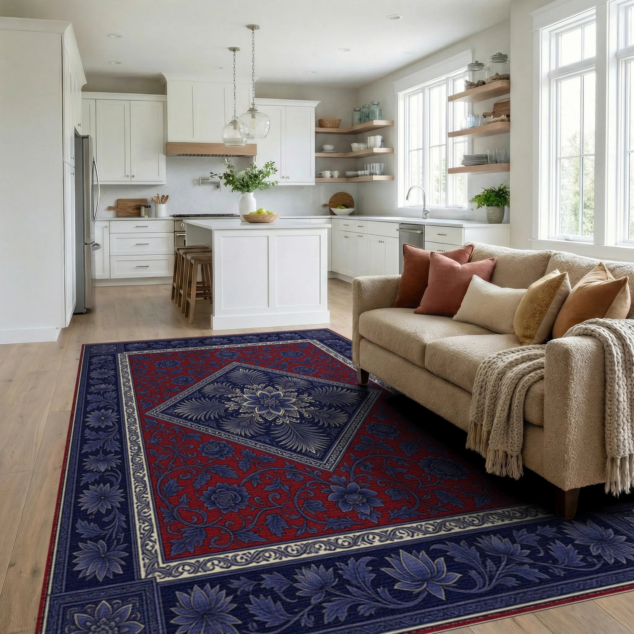 Indigo Red Floral Rug - living_room