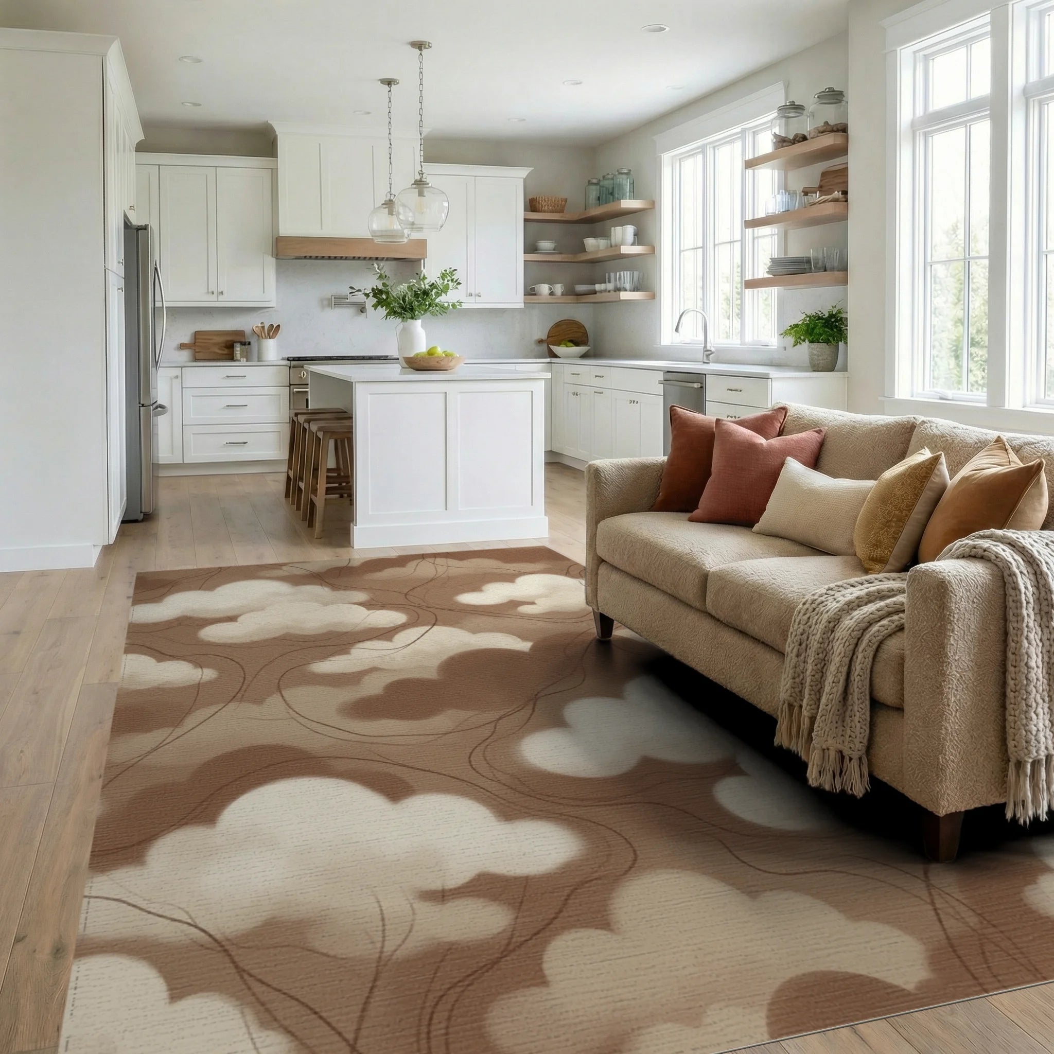 Cream White Abstract Rug - living_room