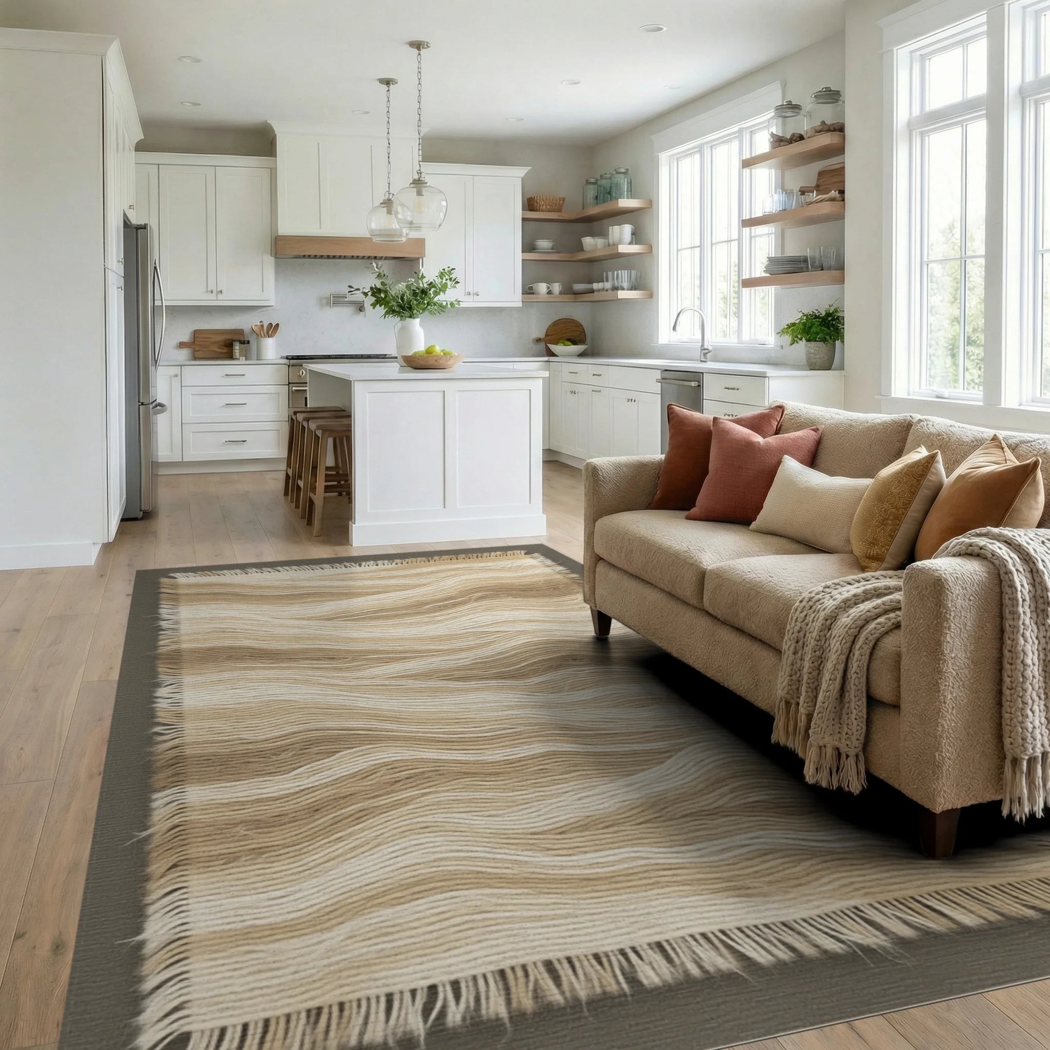 Beige Minimalist Geometric Rug - living_room