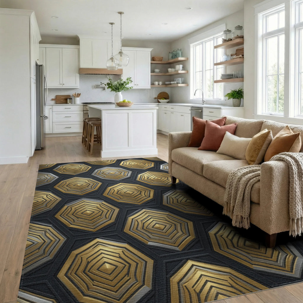 Geometric Hexagon Gold Silver Rug - living_room