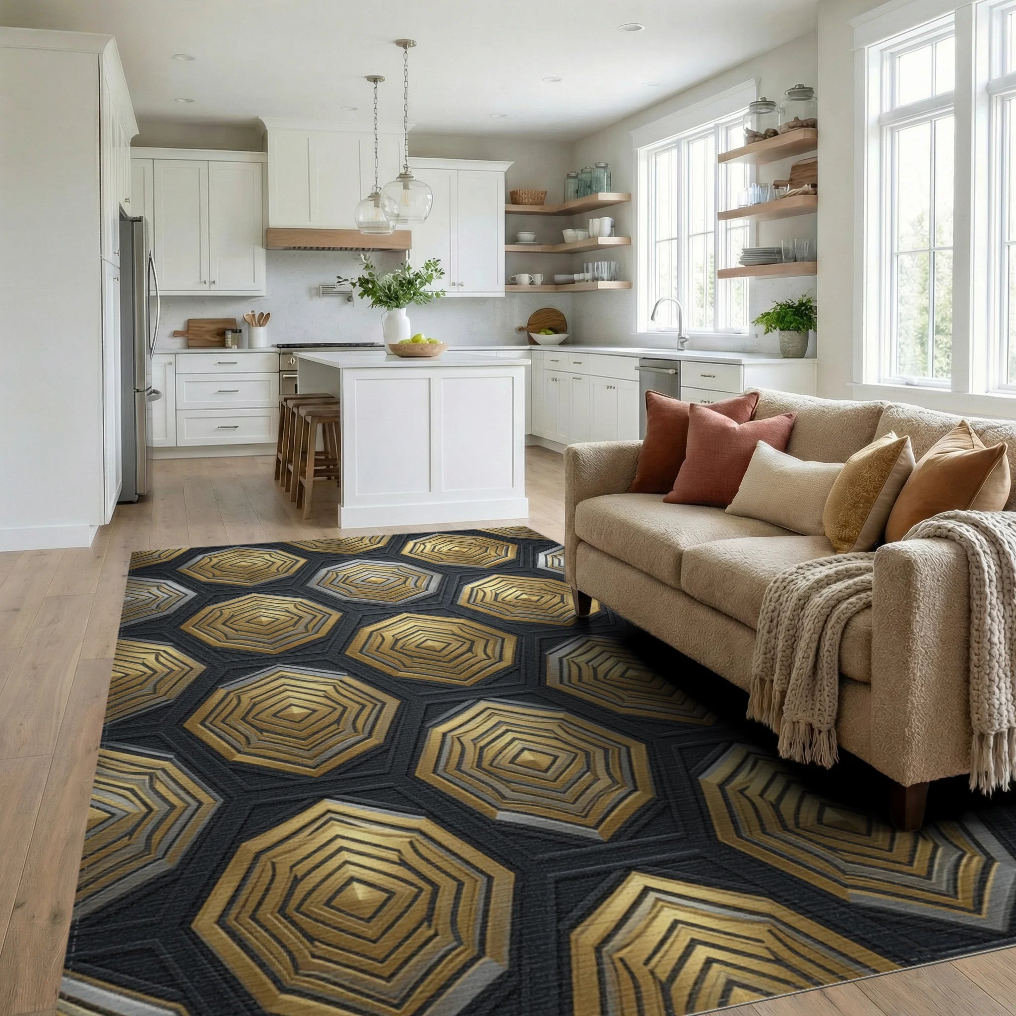 Geometric Hexagon Gold Silver Rug - living_room