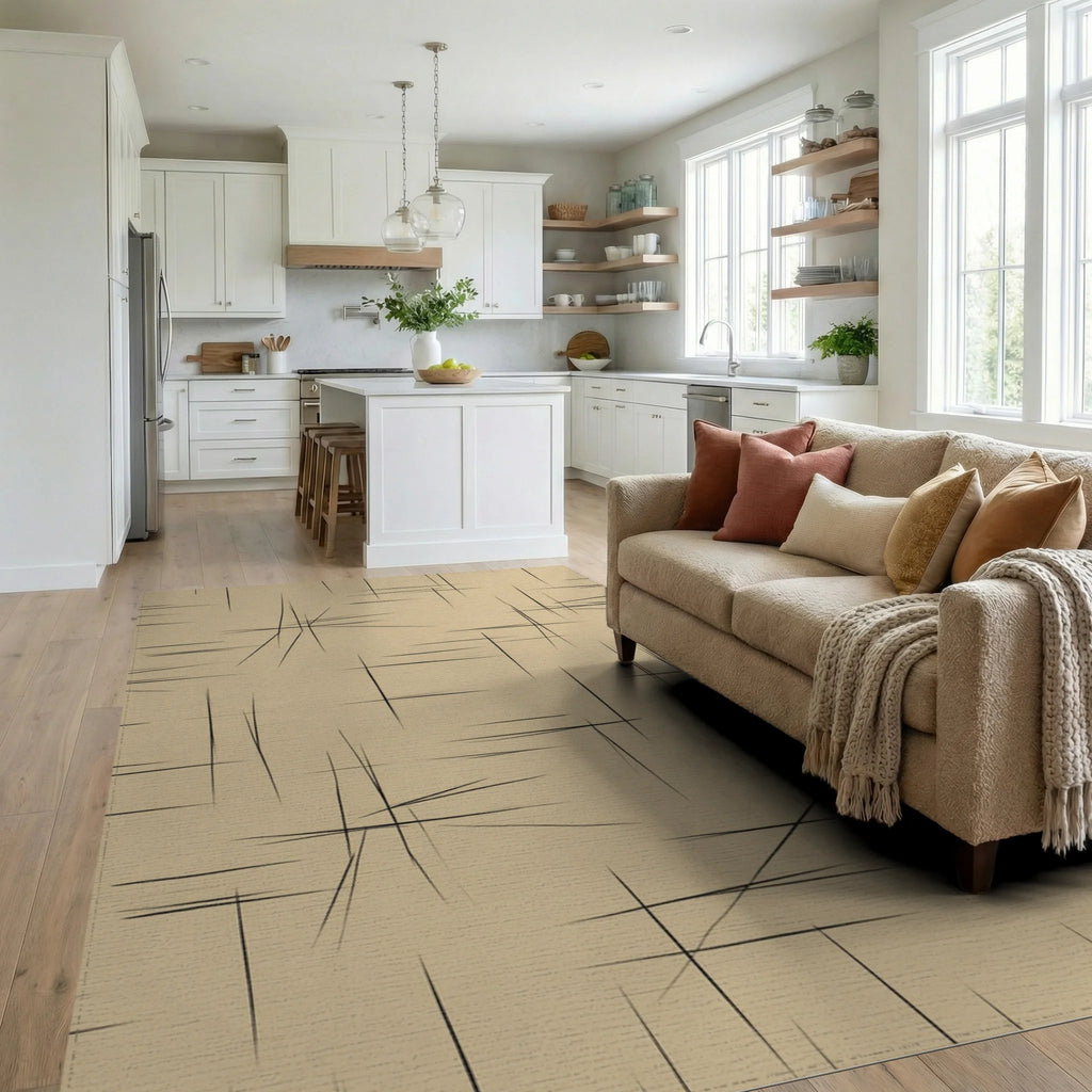 Beige Black Minimalist Rug - living_room