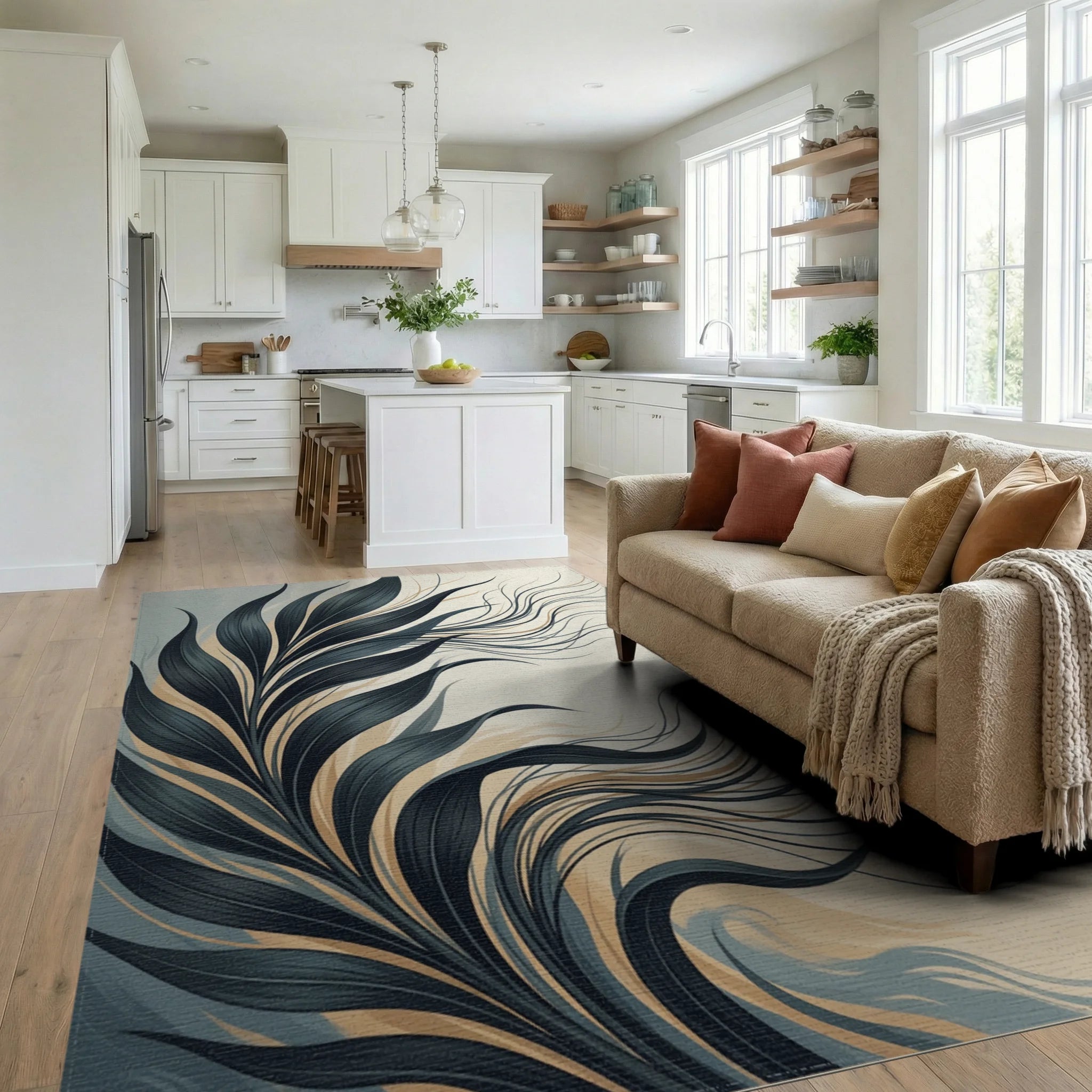 Minimalist Botanical Charcoal Ivory Rug - living_room