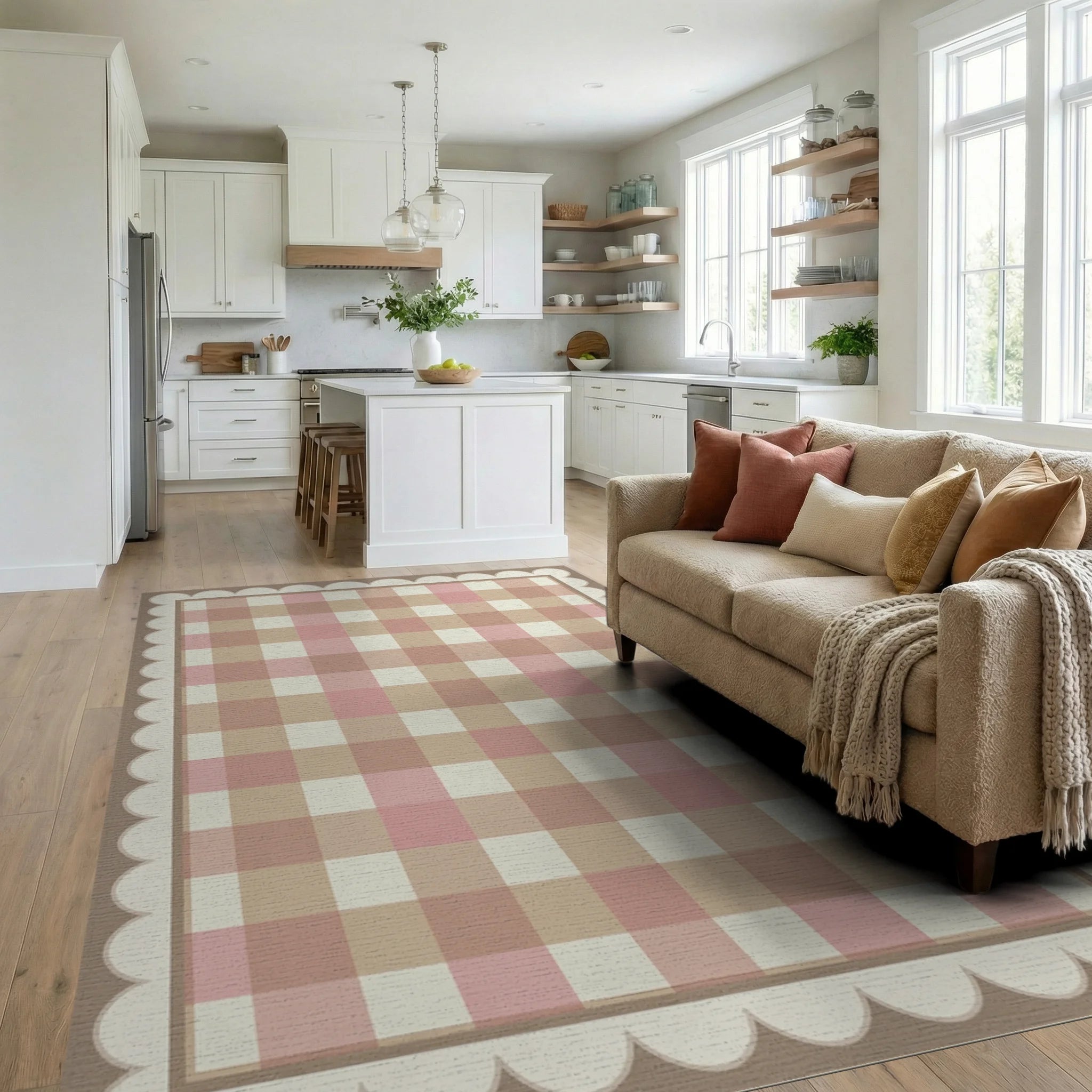 Pink Beige White Rug - living_room