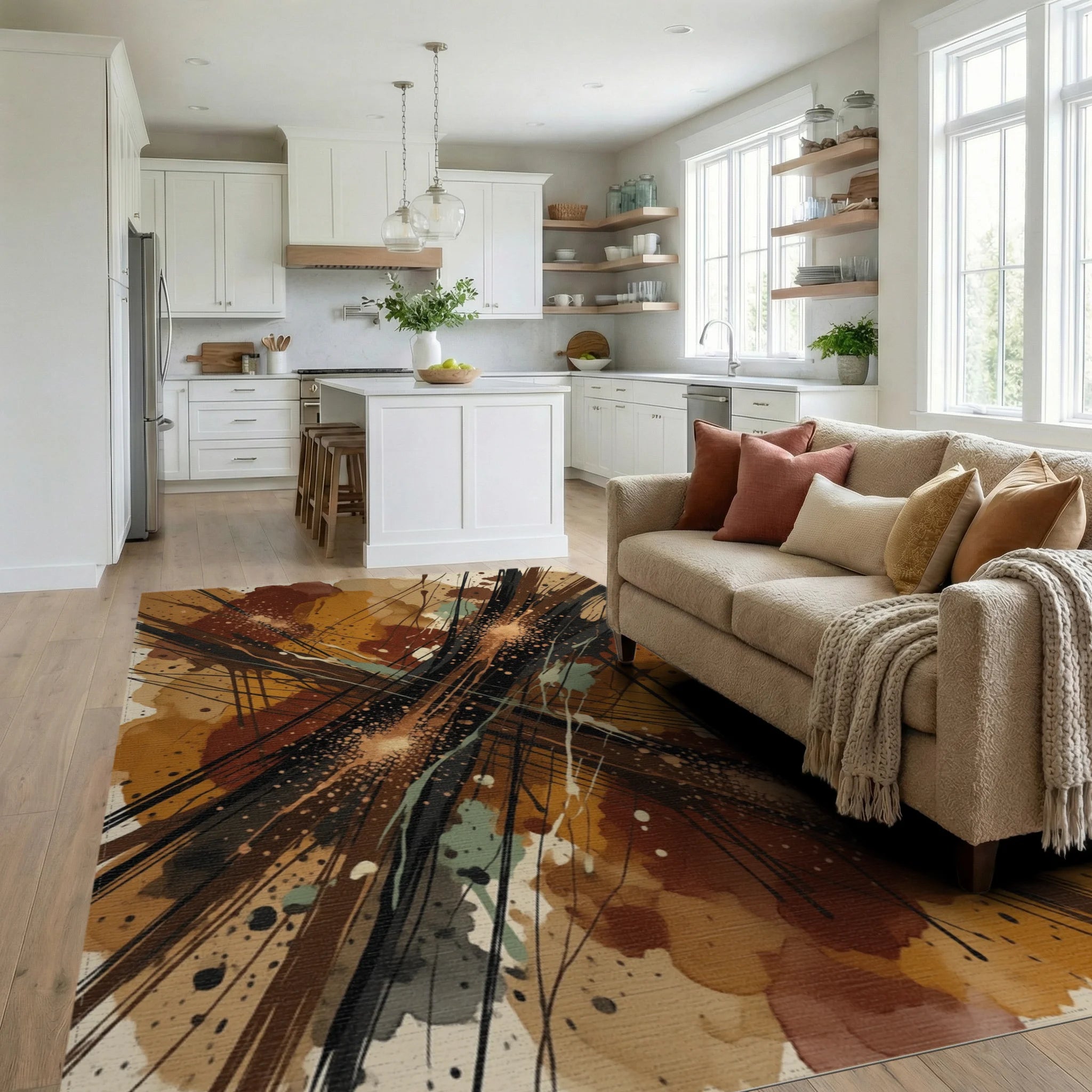 Brown Black Green Rug - living_room