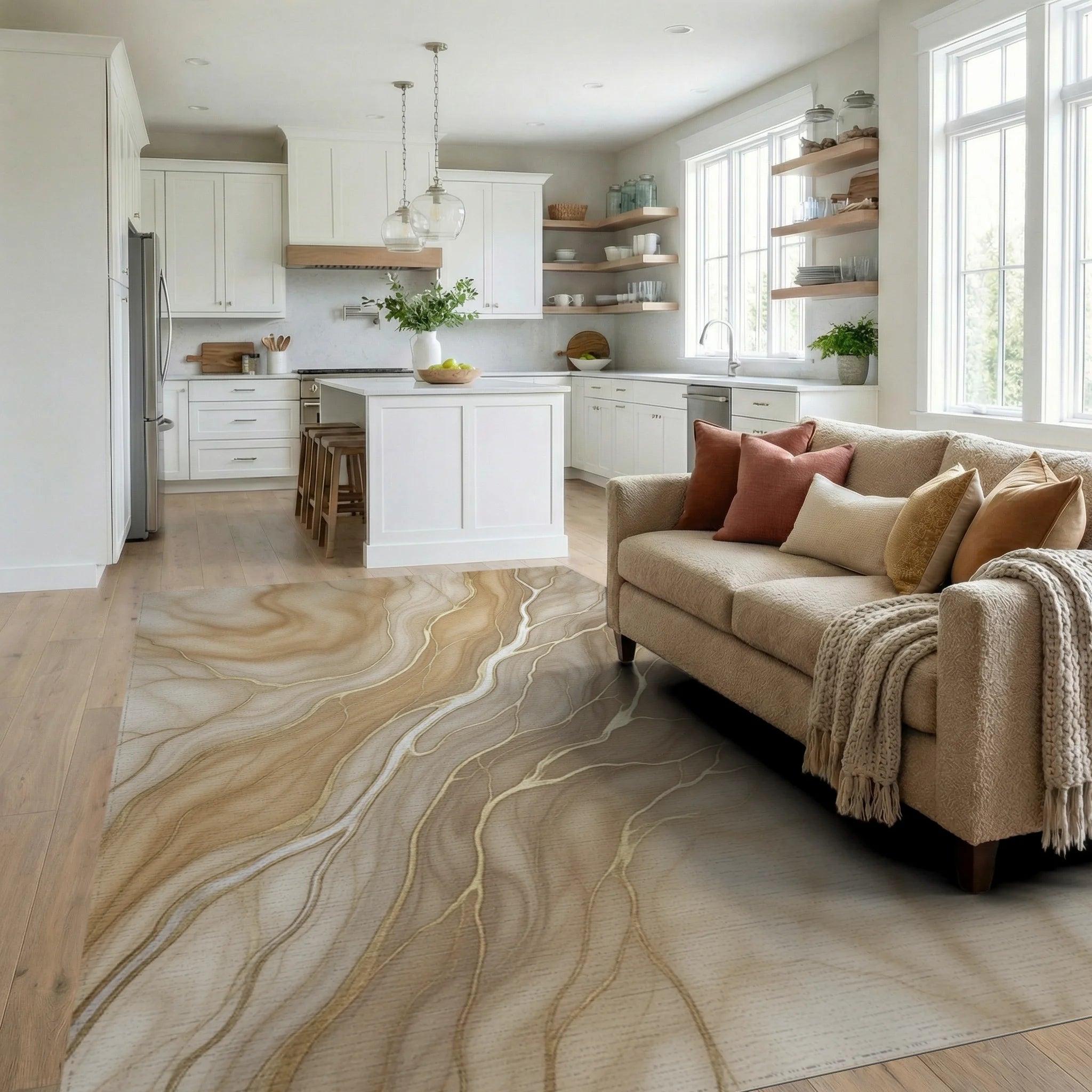 Beige White Gold Rug - living_room