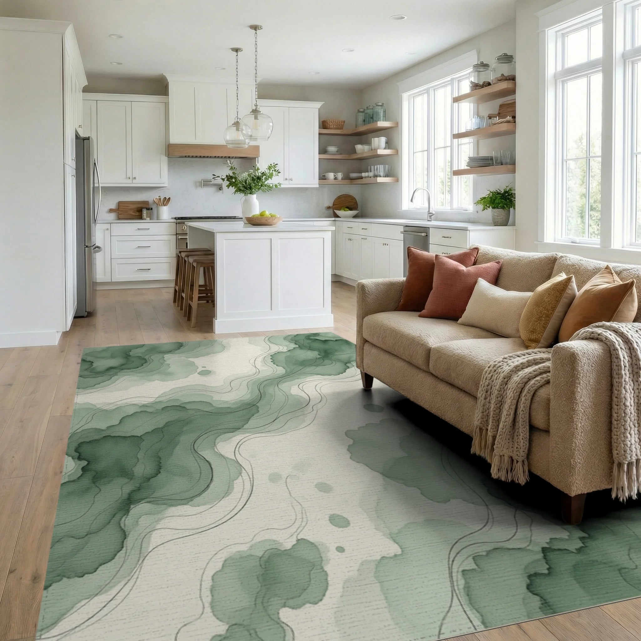 Green Cream Layers Rug - living_room