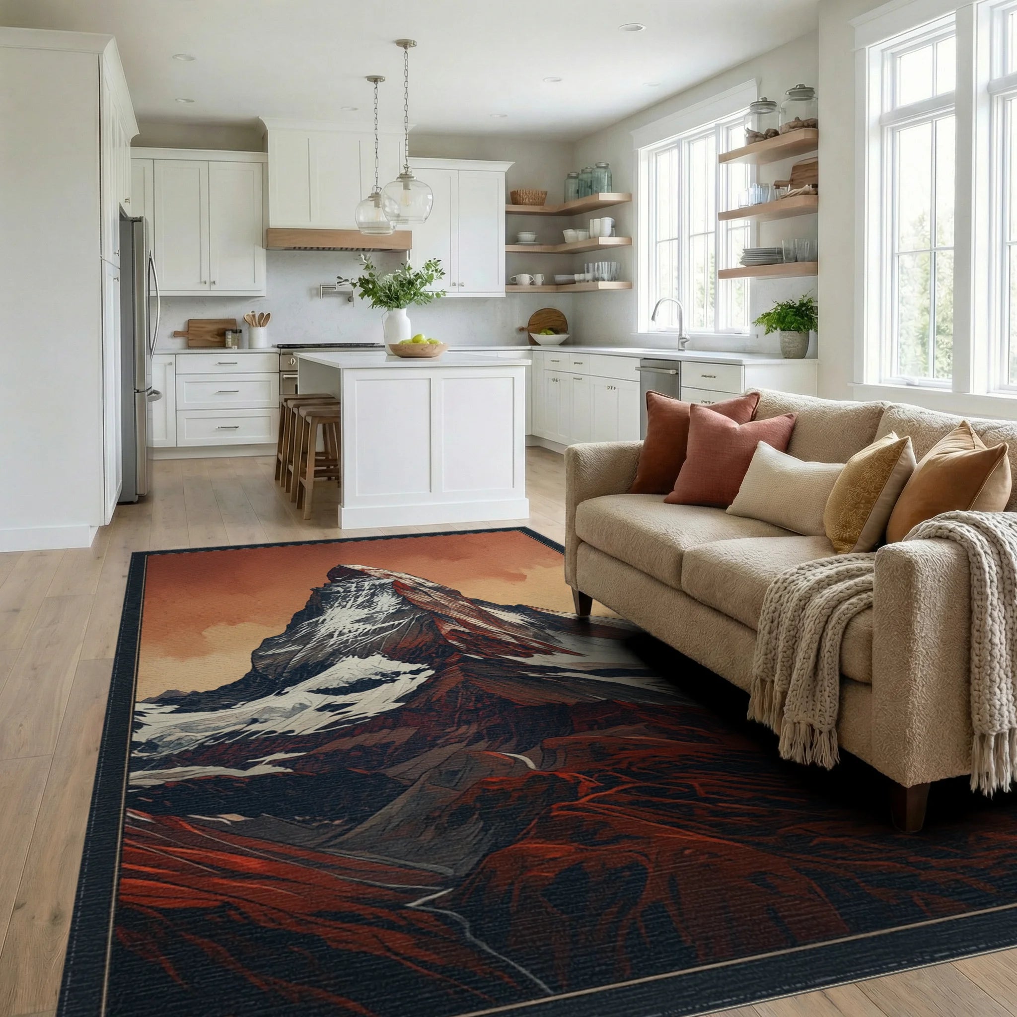 Geometric Crimson Mountain Landscape Rug - living_room